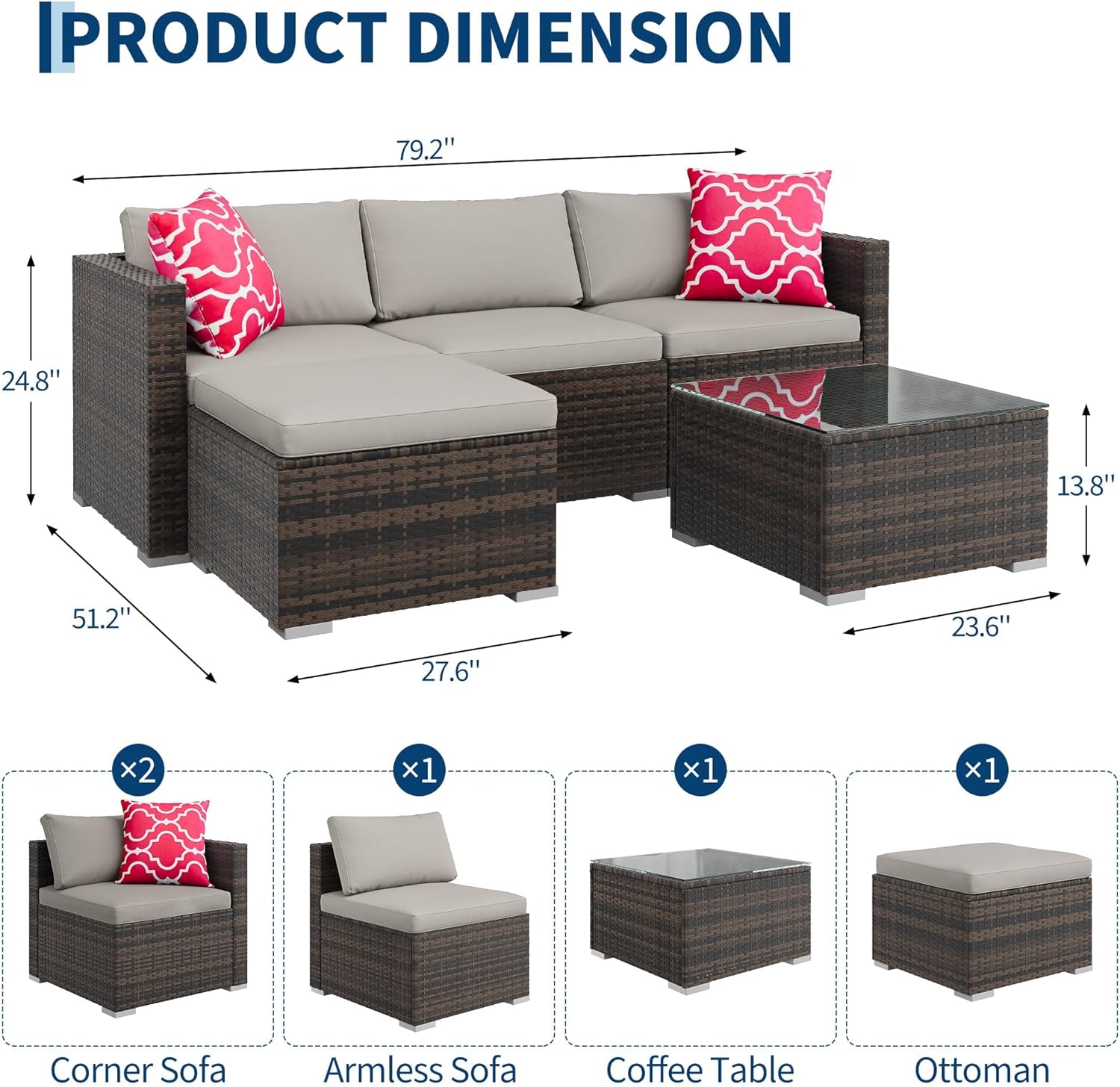 GAOMON 5-Piece All-Weather Patio Furniture Set, Convertible Outdoor Sectional Sofa with Ottoman & Tempered Glass Table, PE Rattan Conversation Set for Garden, Backyard, Porch, Poolside