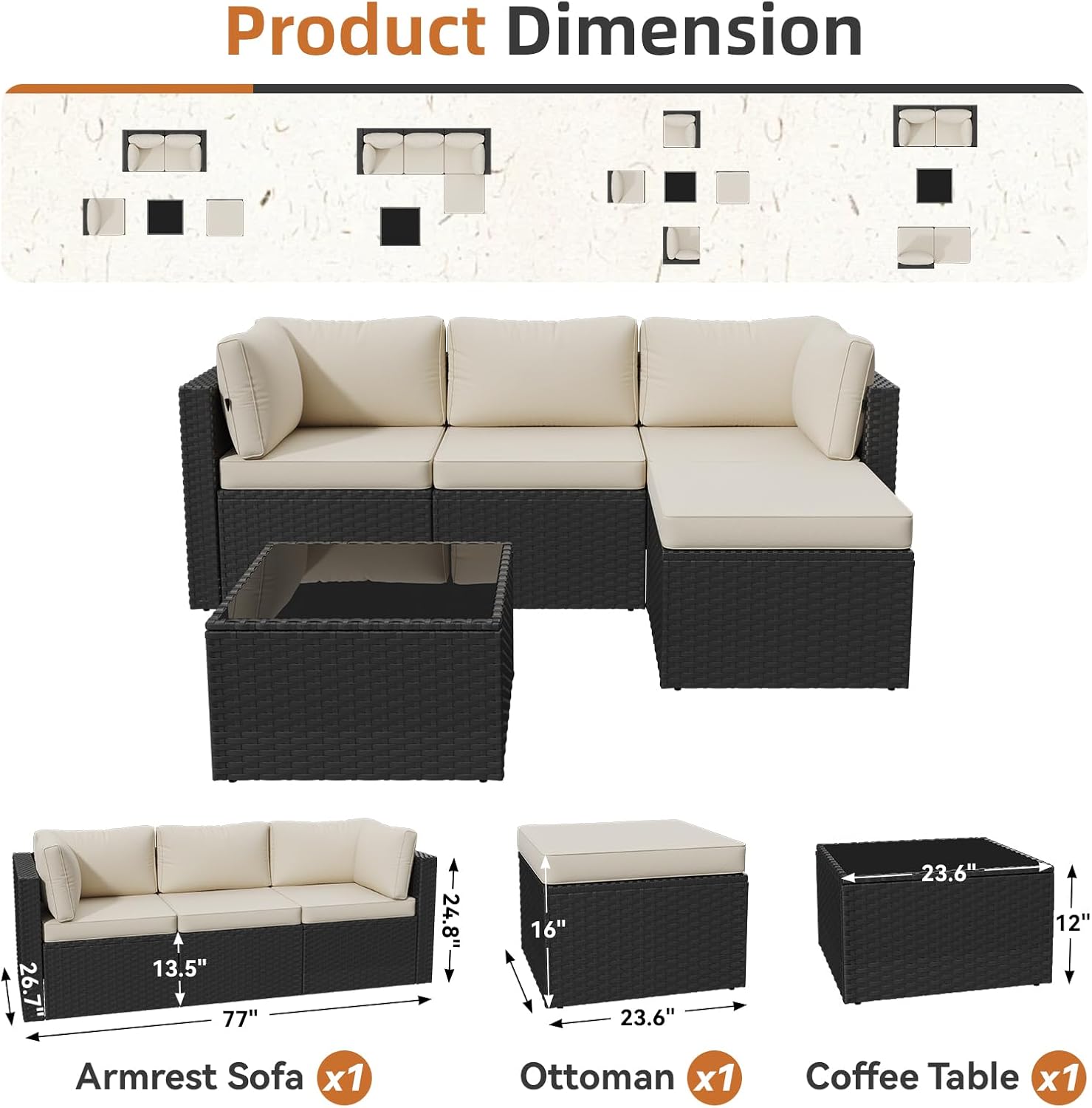 Aoxun Outdoor Patio Furniture Set, 5-Pieces All-Weather Rattan Sectional Sofa Conversation Set with Glass Coffee Table for Backyard Porch Poolside, Beige