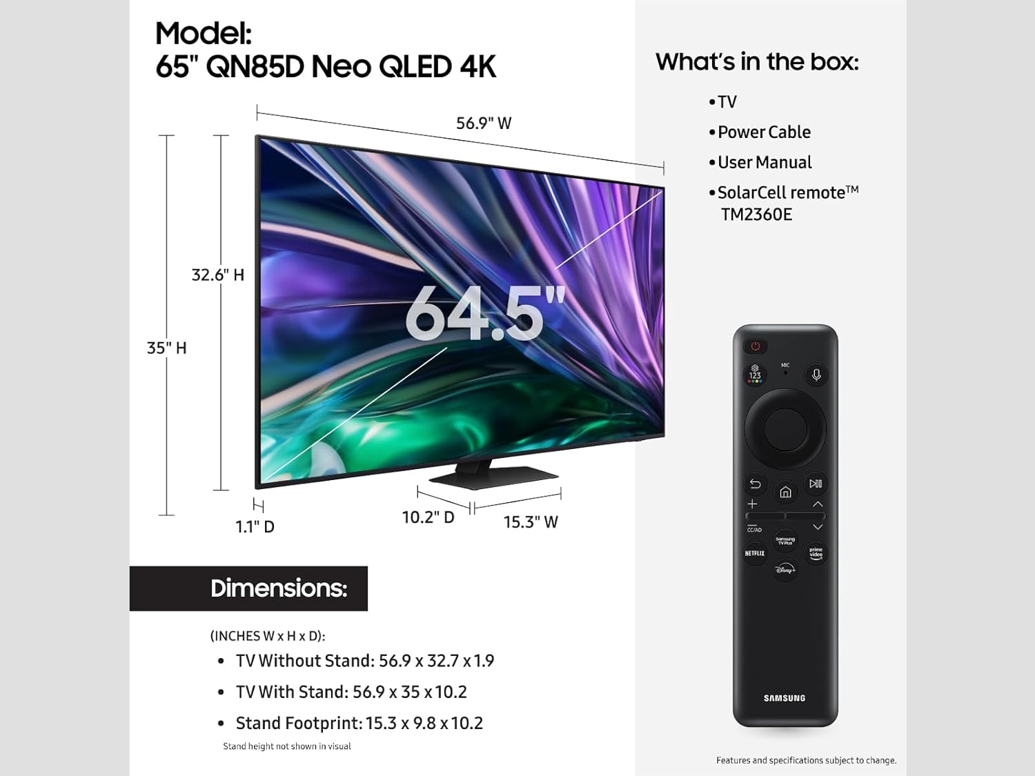 Samsung 65-Inch Class QLED 4K QN85D Series Mini LED, Neo Quantum HDR Smart TV with Dolby Atmos, Object Tracking Sound Lite, Real Depth Enhancer Pro, Alexa Built-in (QN65QN85D, 2024 Model)