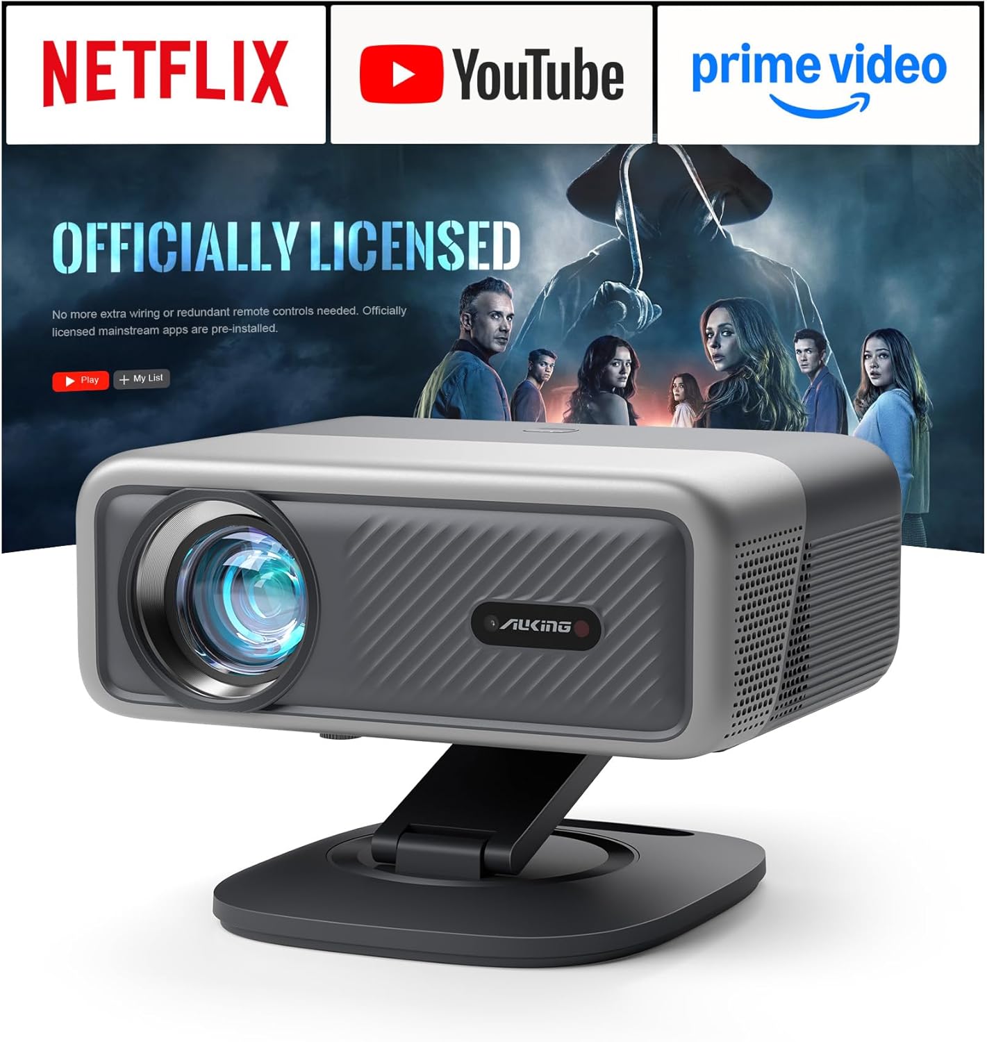 [Now with Netflix & 3500 ANSI] 4K Projector with WiFi and Bluetooth, TOF Real-Time Auto Focus Smart Projector, AuKing Outdoor Movie Home Theater Projector with Omni-Adjustable Stand (grey)