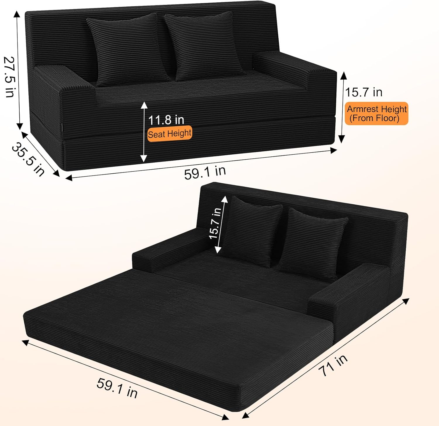 MeMoreCool Boneless Folding Sofa Bed Queen – Corduroy Convertible Futon Couch, 2-in-1 Floor Sleeper with Foam Support, Detachable Pillow & Washable Cover for Living Room, Guest Room, Apartment