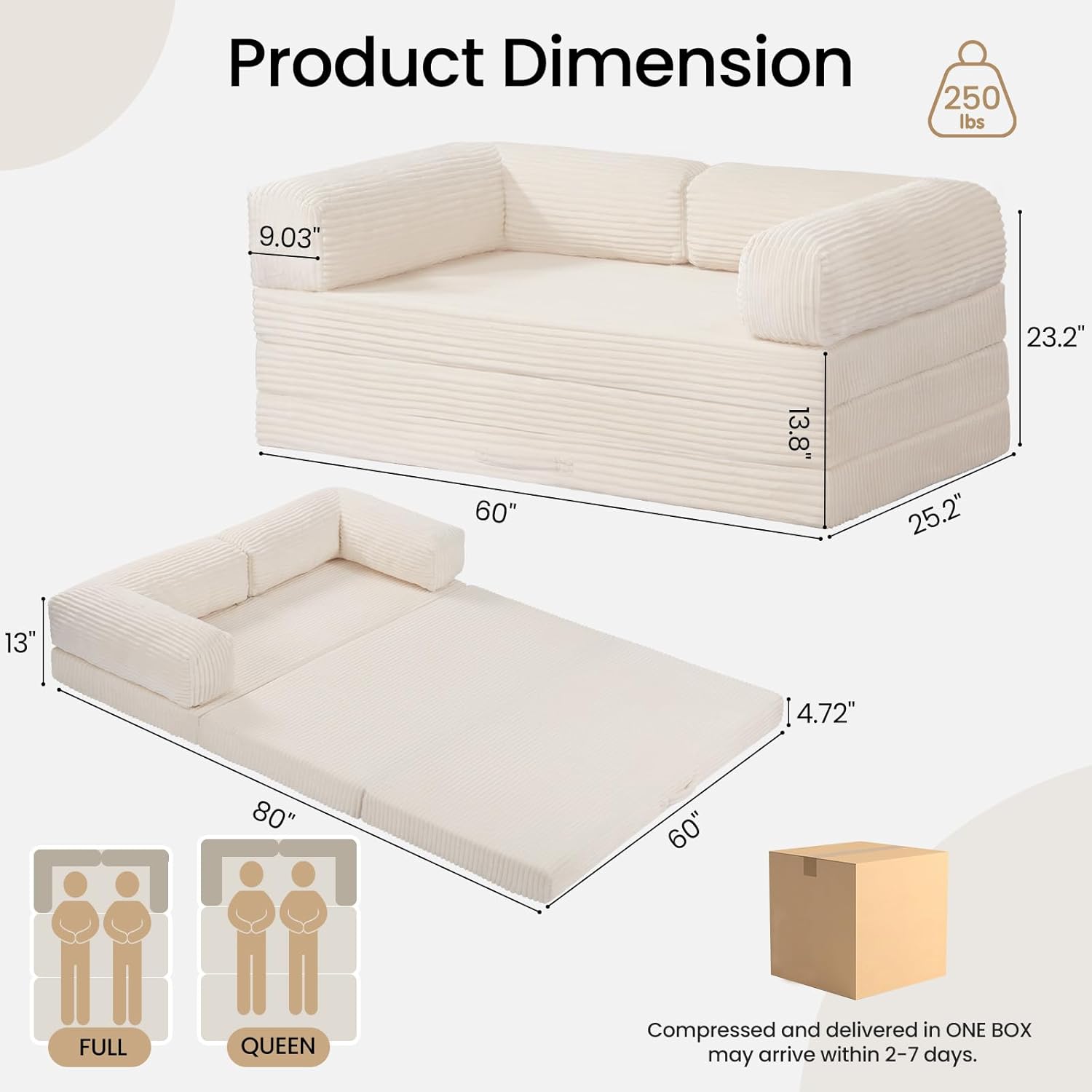 Tri-Folding Mattress Queen Futon Sofa Bed, Convertible Tri Fold Mattress Foldable with Removable Armrests & Washable Cover, 5-Inch Floor Mattress with High-Density Foam, Small Couch Bed, Beige