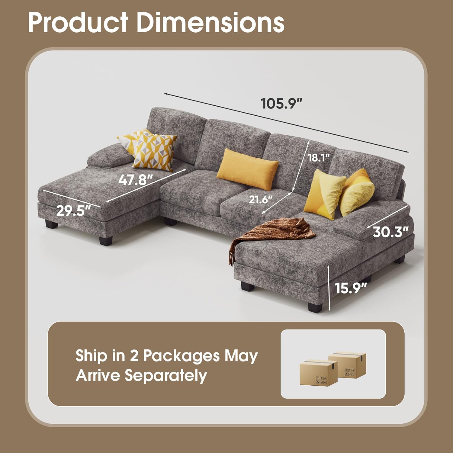 Furmax Sectional Couches for Living Room, U-Shaped Sofa Couch with Linen Fabric, 4-Seat Sofa Set with Double Chaise for Apartment (Fabric, Grey)