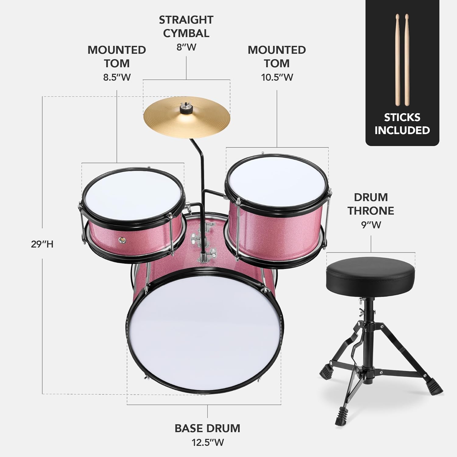 Best Choice Products 3-Piece Beginner Drum Set for Kids Juniors, w/Throne Stool, Cymbal, Drum Sticks, Bass Drum Pedal, 2 Toms - Pink Sparkle