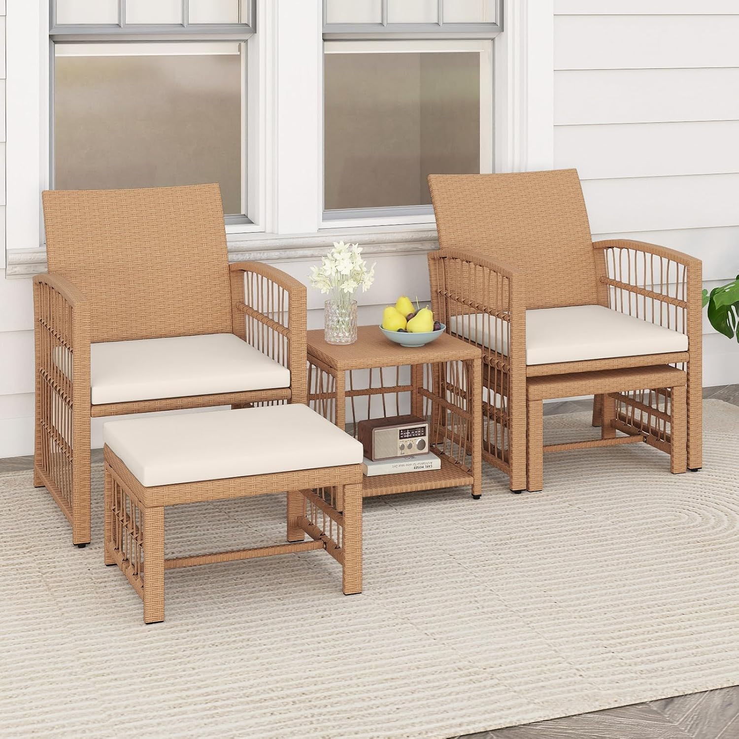 Tangkula 5 Pieces Patio Wicker Conversation Set, Outdoor Furniture Set with 2 Armchairs, 2 Ottomans & 2-Tier Side Table, Outdoor Rattan Cushioned Sofa Set for Deck, Backyard, Porch or Poolside