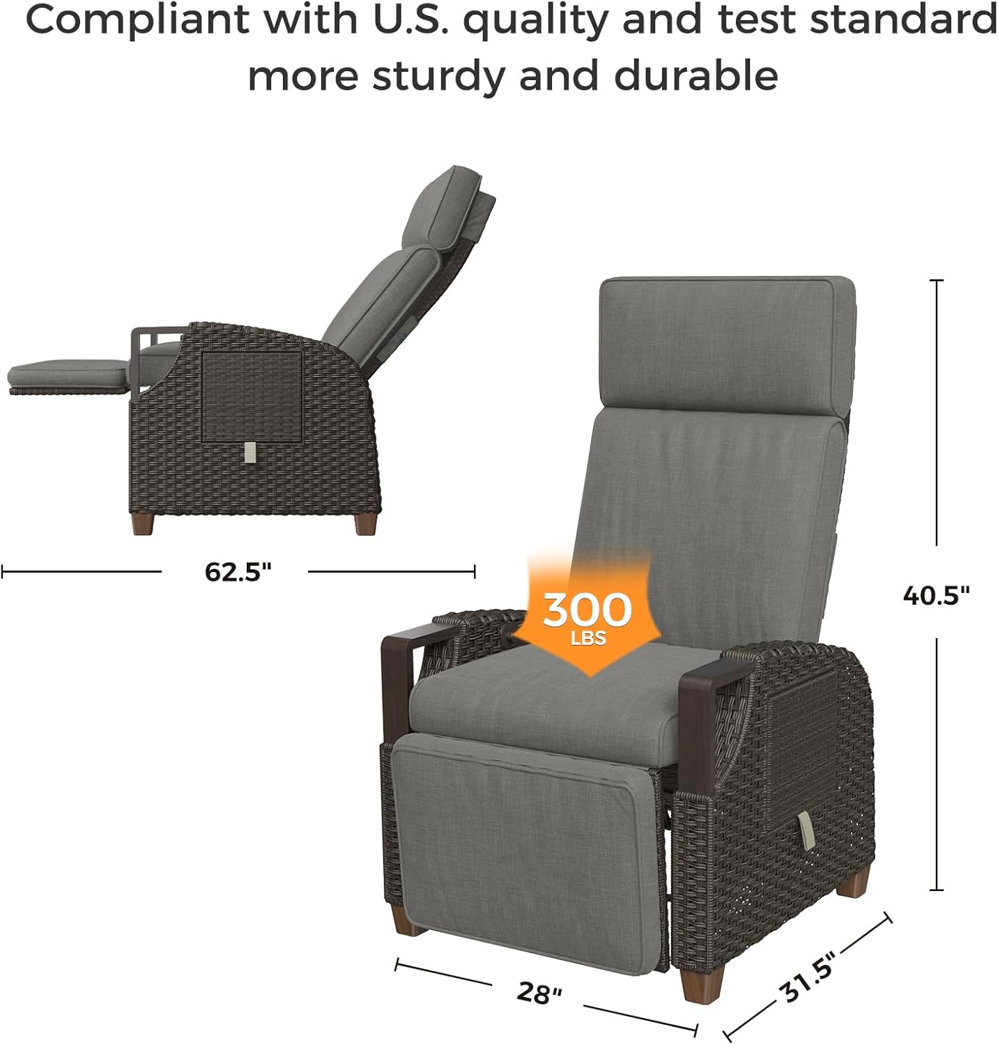 Grand patio Outdoor Recliner Air Pump 150° Lay Flat Reclining Chair with Independent Adjustable Back and Footrest, Removable Olefin Cushion, Flip-Up Table, Wicker Grey, 2PCS