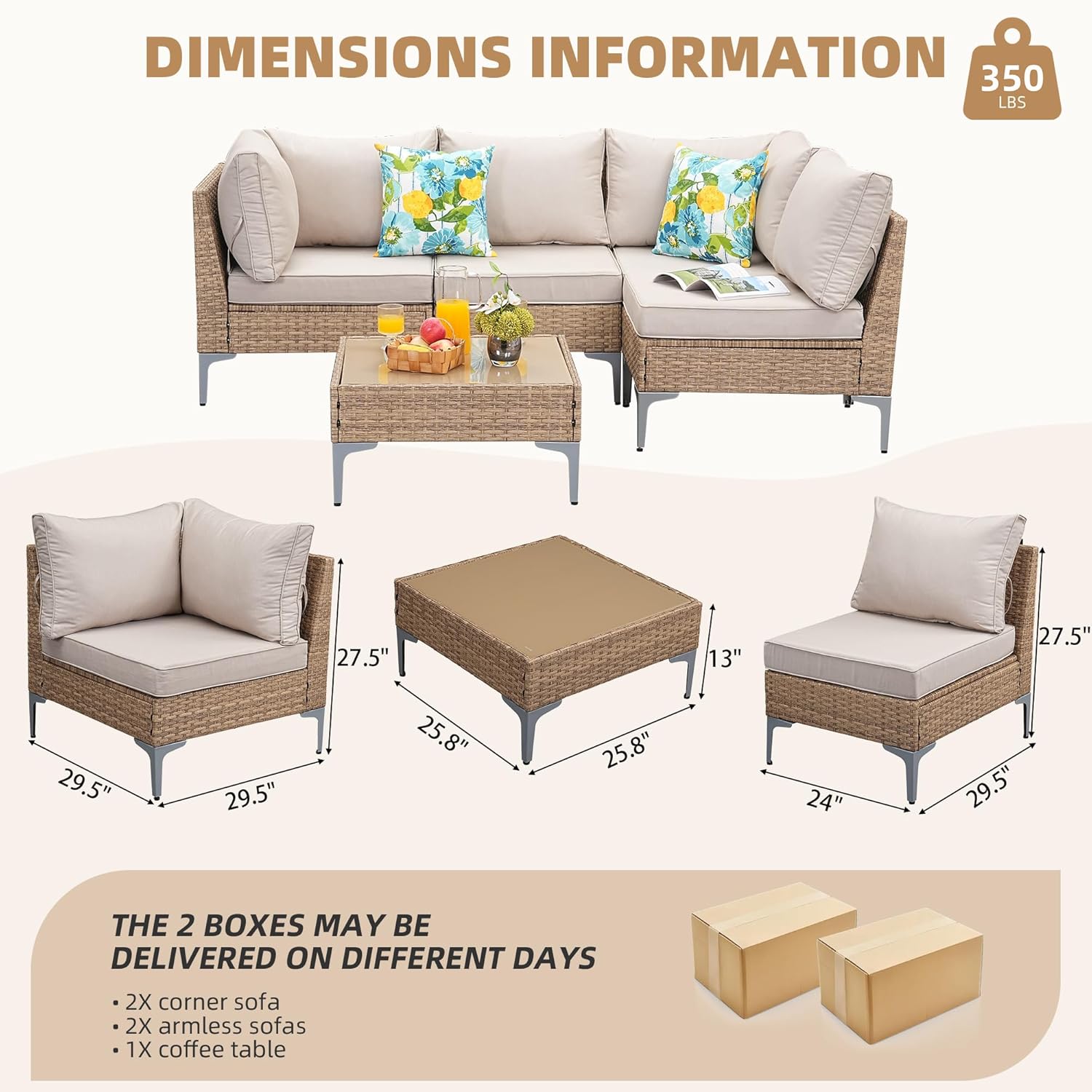 5-Piece Patio Furniture Set, Outdoor Wicker Sectional Sofa with Coffee Table, Anti-Slip & Thick All-Weather Cushions for Party, Garden, Backyard, Beige