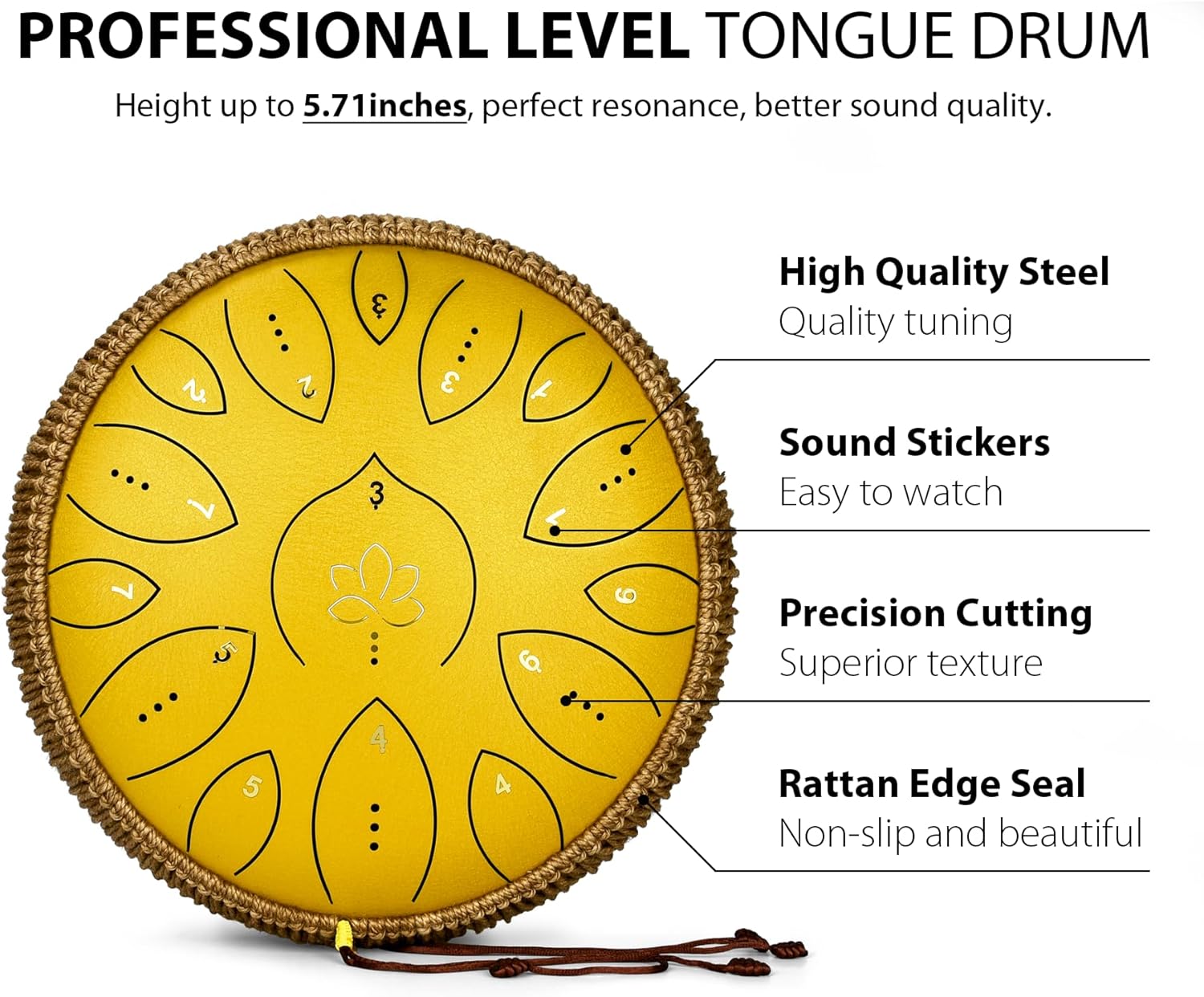 Steel Tongue Drum 13 Inches 15 Notes, Hand Pan Drums for Adults 440hz, C Major Handpan Musical Instrument with Song Book, Mallets and Carry Bag, Yellow