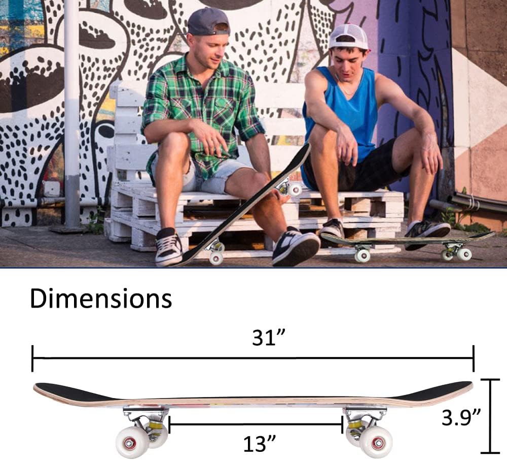 Skateboards for Beginners Adults Youths Teens Kids Girls Boys 31 Inch Pro Complete Skate Boards 7 Layer Canadian Maple Double Kick Concave Longboards