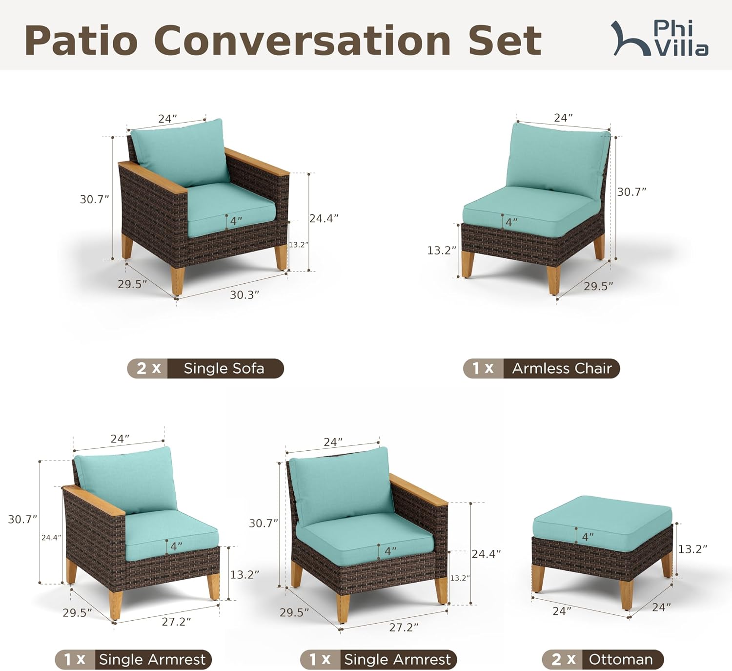 PHI VILLA 7-Piece Wicker Patio Conversation Set, Outdoor Rattan Sectional Pool Furniture Patio Set for 7 Seats with Cushioned 2 x Single Sofas, 2 x Armrest Chairs, 2 x Ottomans and 1 x Armless Sofa, Blue