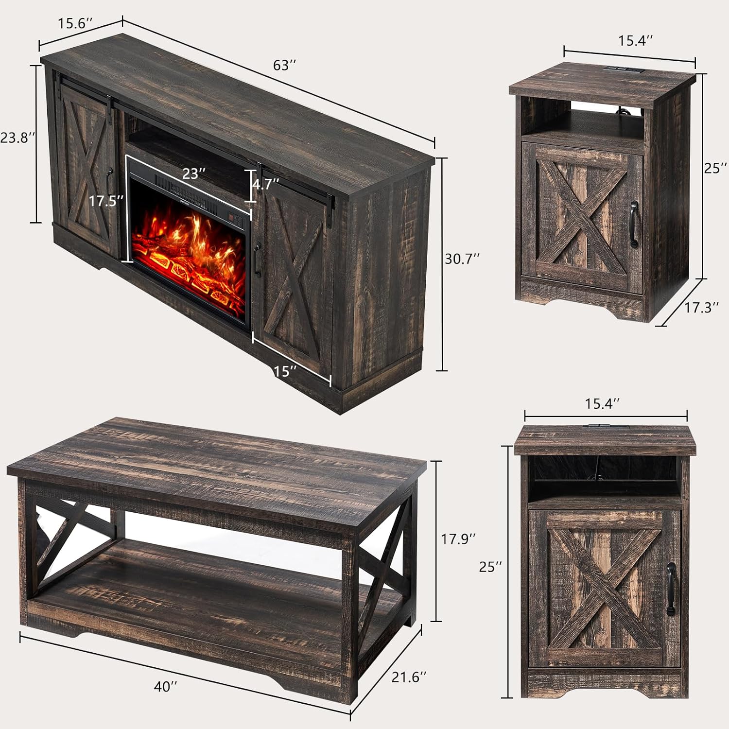 AMERLIFE 5-Piece Farmhouse Table Set Includes Fireplace TV Stand, Coffee Table & Two End Tables with Charging Station and USB Ports, for Living Room, Dark Oak, 63