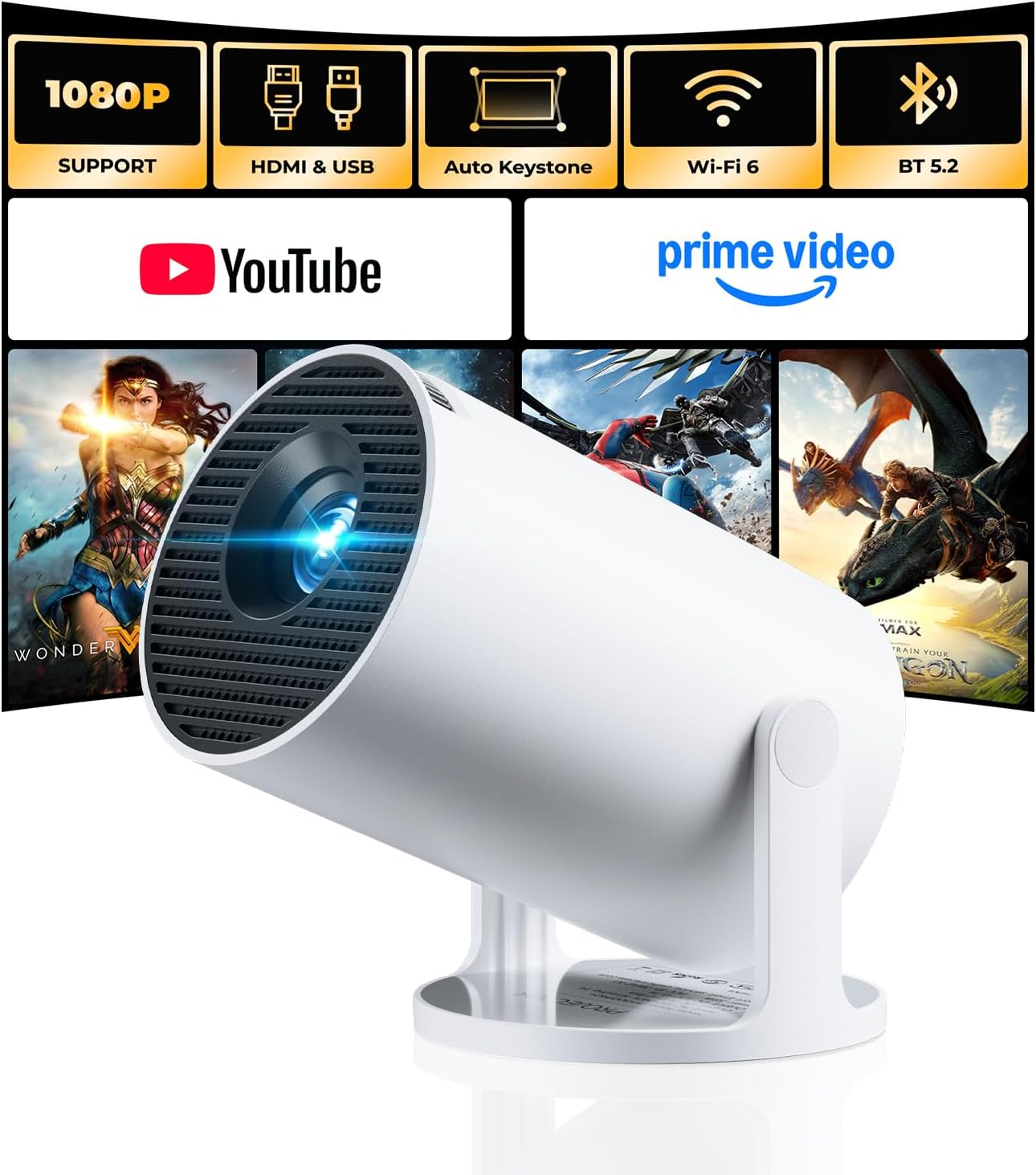 [Built-in Apps] CLOKOWE Mini Projector with WiFi and Bluetooth, 2026 Upgraded 1080P Smart Portable Projector with 180° Rotation, Auto Keystone, Compatible with iPhone/Android/Laptop/TV Stick/HDMI/USB