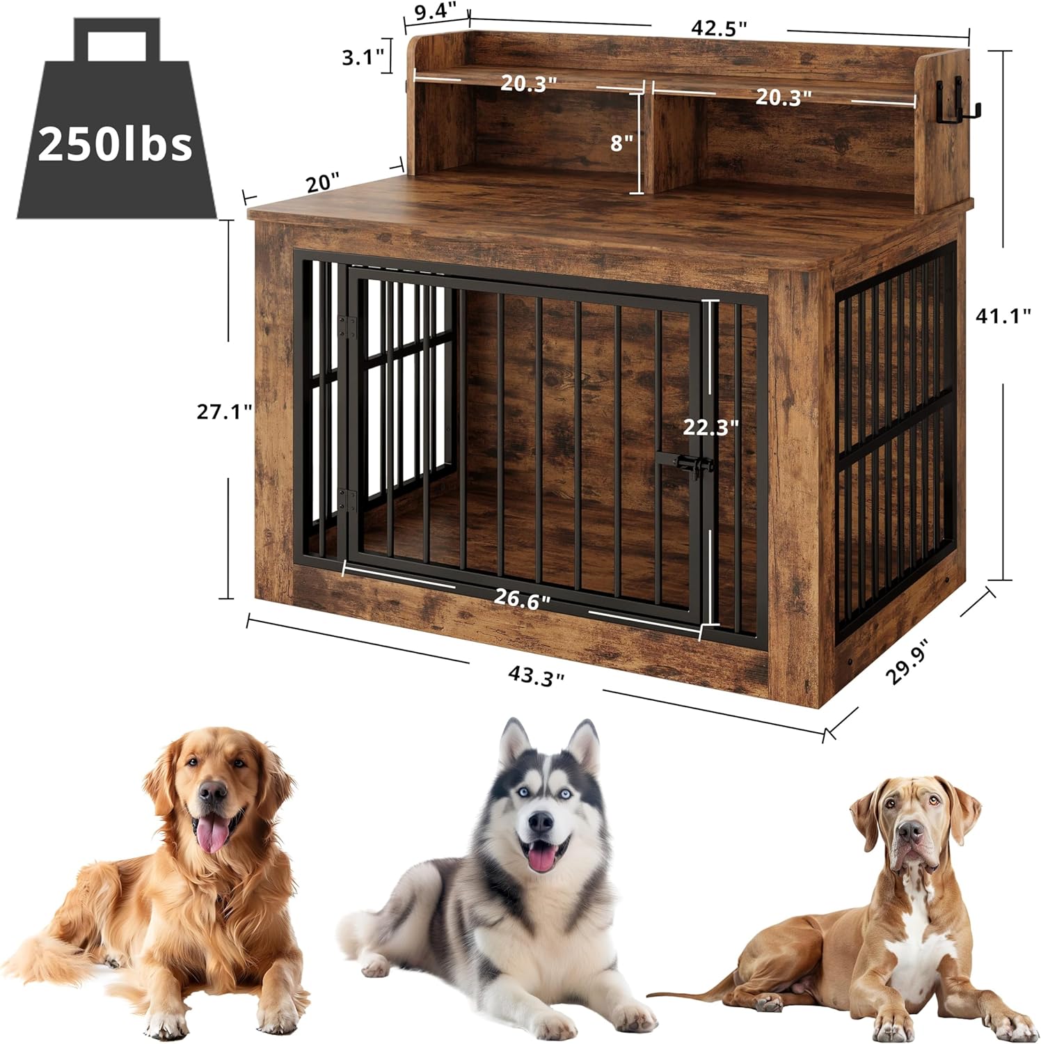 IRONCK Extra Large Dog Crate Furniture, 43.3 inches Wooden Dog Crate with Storage and 4 Hooks, Heavy Duty Pet Crate for Large Dogs, Decorative Pet Cage for Indoor Use (30