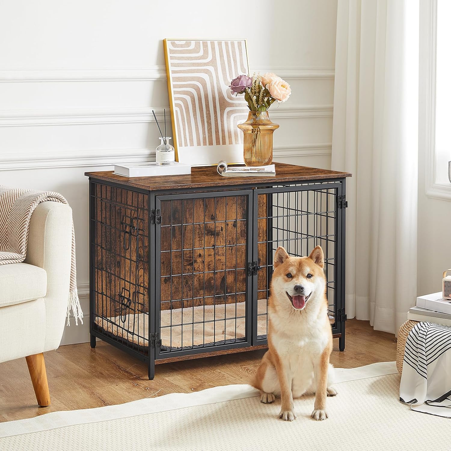 MAHANCRIS Dog Crate Furniture with Cushion, Wooden Dog Kennel with Double Doors, Heavy Duty Dog Cage for Small/Medium/Large Dogs, Indoor Dog House End Table, 31.5