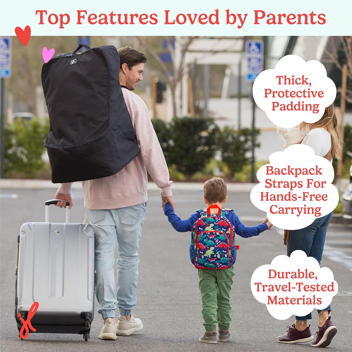 J.LChildress Padded Backpack Car Seat Bag - Car Seat Travel Bag for Airplane, Cover Fits Most Baby & Infant Carriers & Boosters, Airport Accessories for Gate Check or Baggage Check - Ultimate, Black