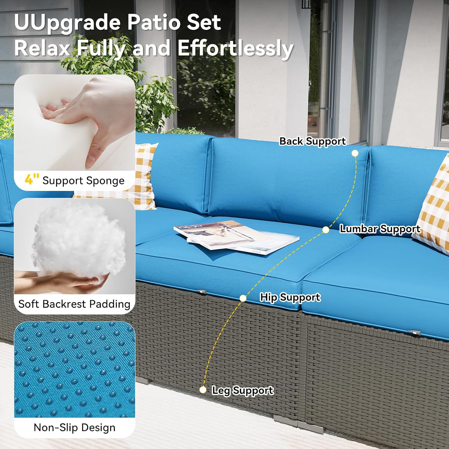 Aoxun Patio Furniture Set, 7 Piece Outdoor Sectional Sofas with Waterproof Cover, Wicker Rattan Outdoor Furniture Patio Conversation Set for Backyard, Garden Peacock Blue