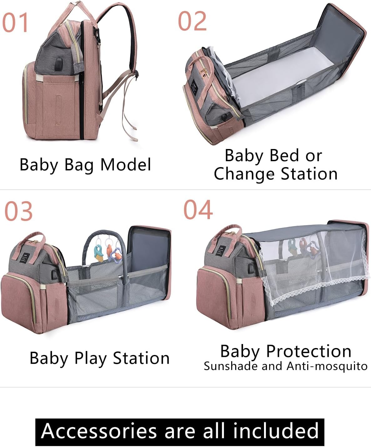 houscly Diaper Bag Backpack with Changing Station: Pink Baby Bags for Girls Boys New Mom Gifts Diaper Bags for Baby Baby Girl Newborn Essentials Must Haves Baby Shower Gifts Baby Registry