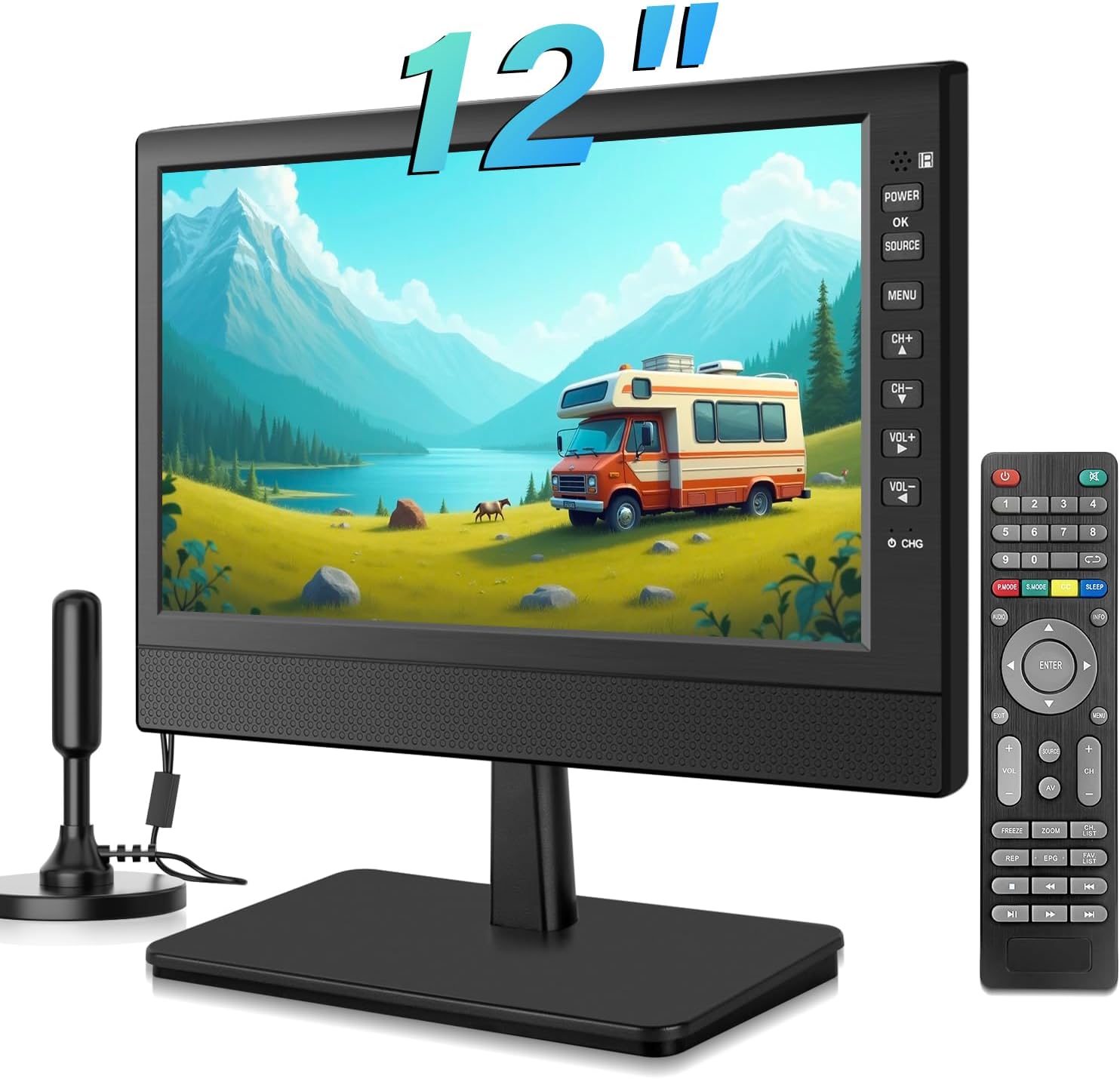 Jexiop 12” Portable Flat Screen TV, Small TV with Digital Tuner-HDMI-USB-Headphone Jack-AC/DC-12V Input-For Kitchen-Caravan and Monitor Use
