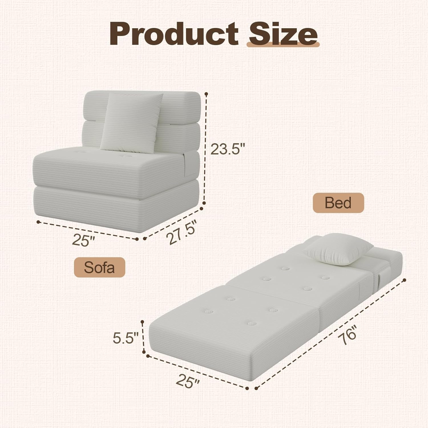 Folding Sofa Bed, Convertible Sleeper Chair & Couch Bed with Pillow, One-Piece High-Density Sponge Mattress, Multi-Purpose Corduroy Floor Sofa for Living Room, Office, Apartment, Beige, Single