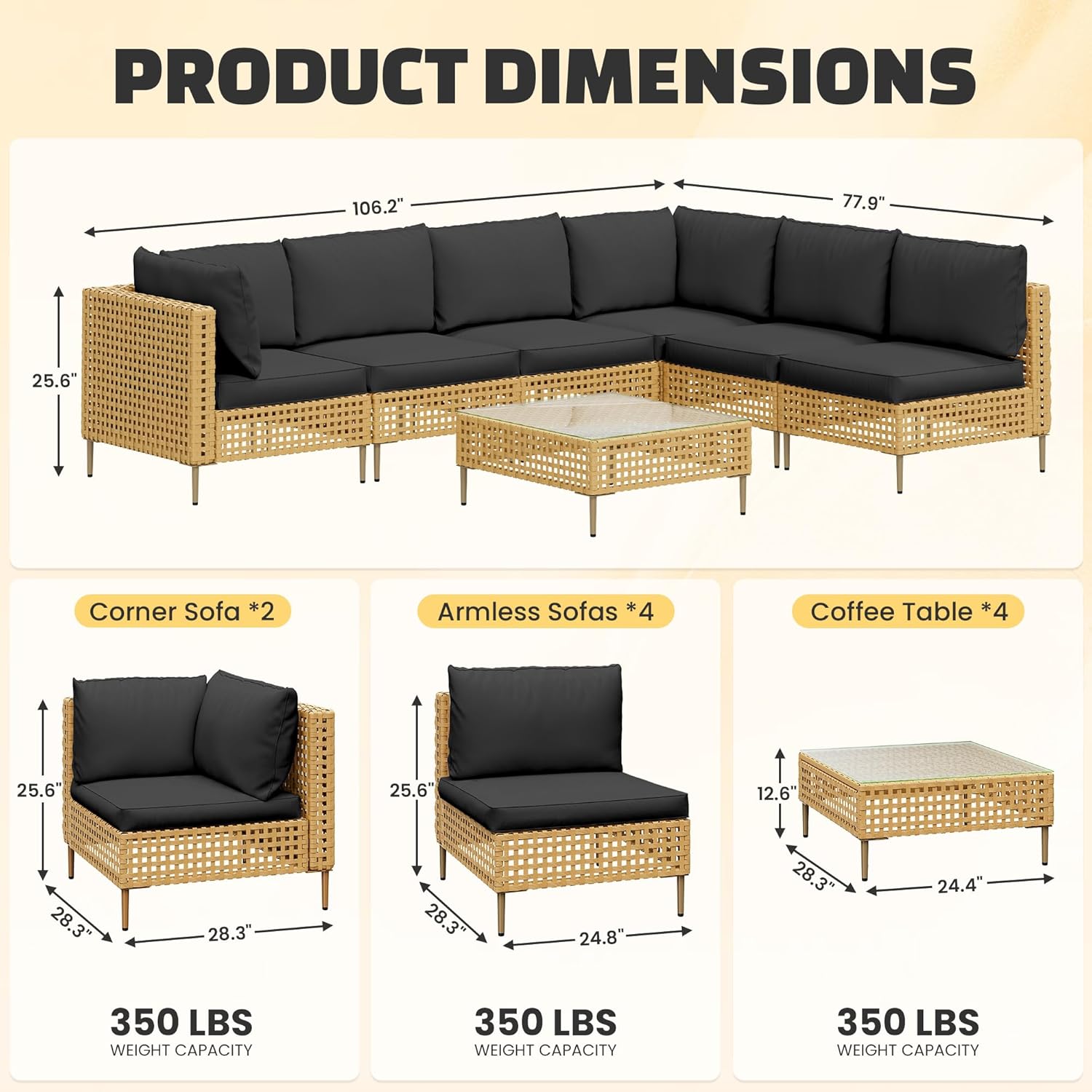 LHBcraft 7-Piece Wicker Outdoor Patio Furniture Set, Modular Rattan Outdoor Furniture, Patio Conversation Sets, Handmade Rattan, Water Resistant Fluffy Cushions and Coffee Table, Black