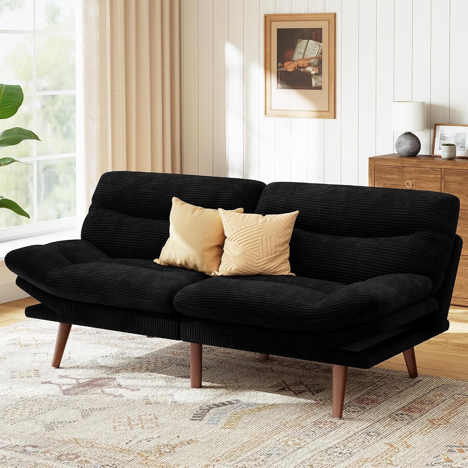 Marsail Futon Sofa Bed, Corduroy Futon Couch with Adjustable Backrest & Armrests, Convertible Small Sleeper Sofa Bed for Small Apartments, Study Room, Office, White