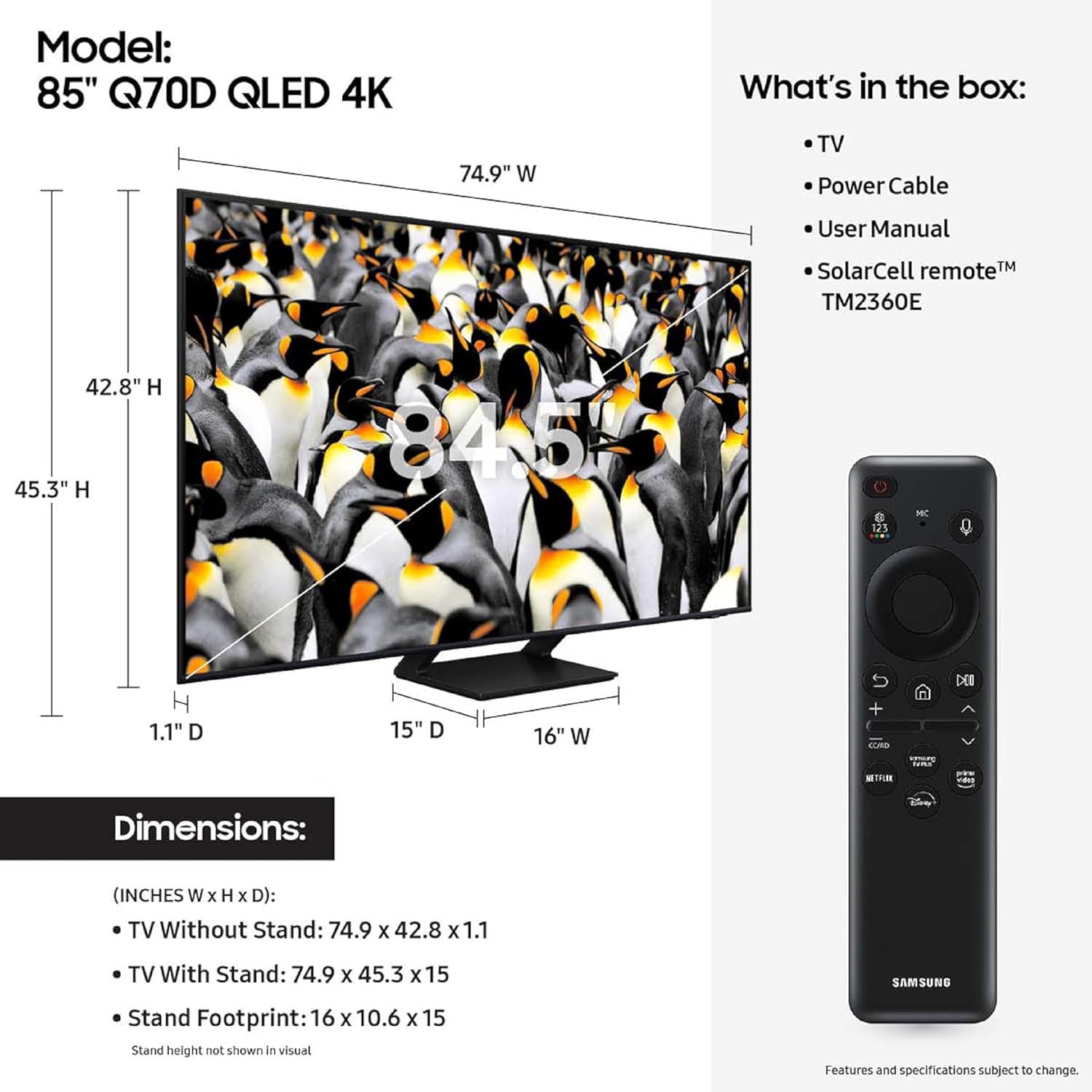 SAMSUNG 85-Inch Class QLED 4K Q70D Series Quantum HDR Smart TV with Object Tracking Sound Lite, Motion Xcelerator, Eye Comfort Mode, Gaming Hub, Alexa Built-in (QN85Q70D, 2024 Model)