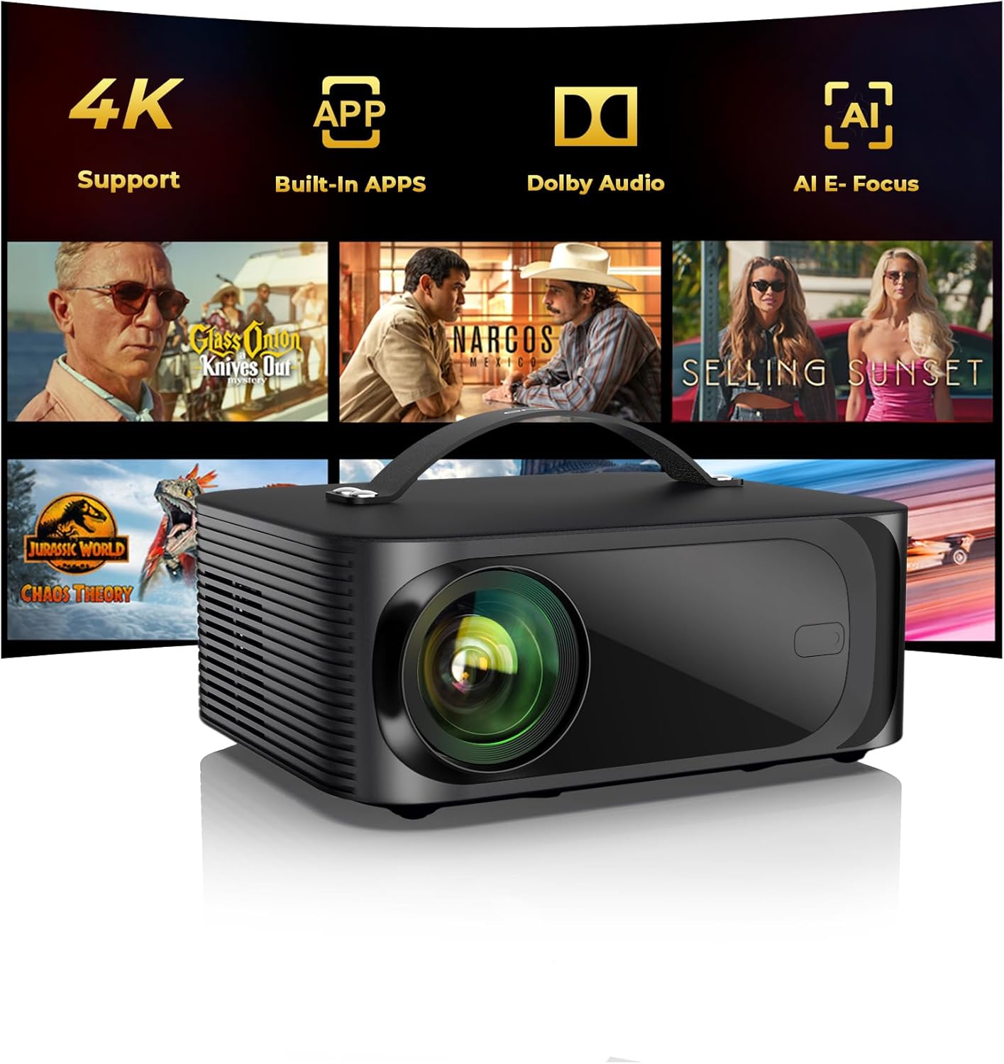 Projector-4K with WiFi and Bluetooth: [Pro-Level Brightness/50W DoIby/Built-in APPs] Outdoor-Projector Smart OS 2.0&AI Auto Focus, ONOAYO Portable Projector Compatible with Netflix/YouTube/PrimeVideo