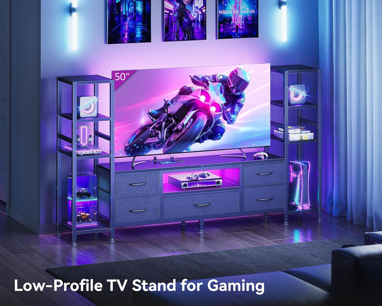 Casaottima TV Stand for 40/50/55 Inch TV, Low-Profile Entertainment Center with LED Lights & Power Outlets, TV Stand with Drawers & Open Shelves for Storage for Small Spaces/Living Room/Gaming, Black