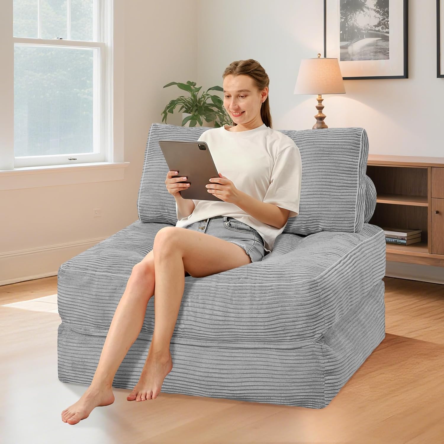 HABUTWAY Folding Sofa Bed, Convertible Sleeper Chair Bed with Dual Pillows & Handle, Foldable Floor Sofa Lounge with Back Support for Living Room, Bedroom, Apartment, Office, Single, Light Grey