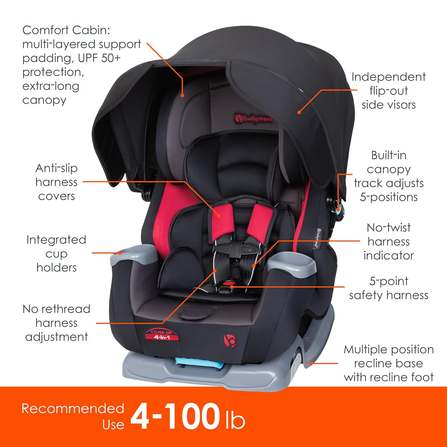 Baby Trend Cover Me™ 4-in-1 Convertible Car Seat, Scooter – Built-in Canopy, 4-Stage Growth System, Plush Comfort Padding, Multi-Position Recline
