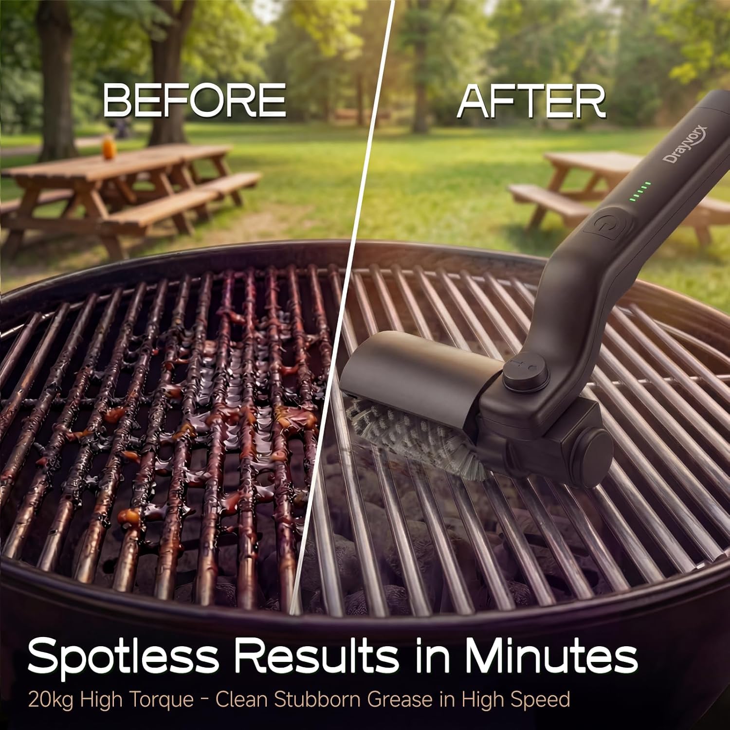 Electric Grill Brush, High Torque Grill Brush with 3-Speed Modes, 20kg Max Torque BBQ Cleaner Safe for Porcelain Cast Iron Stainless Steel, Reinforced Steel Bristles, Type-C Rechargeable