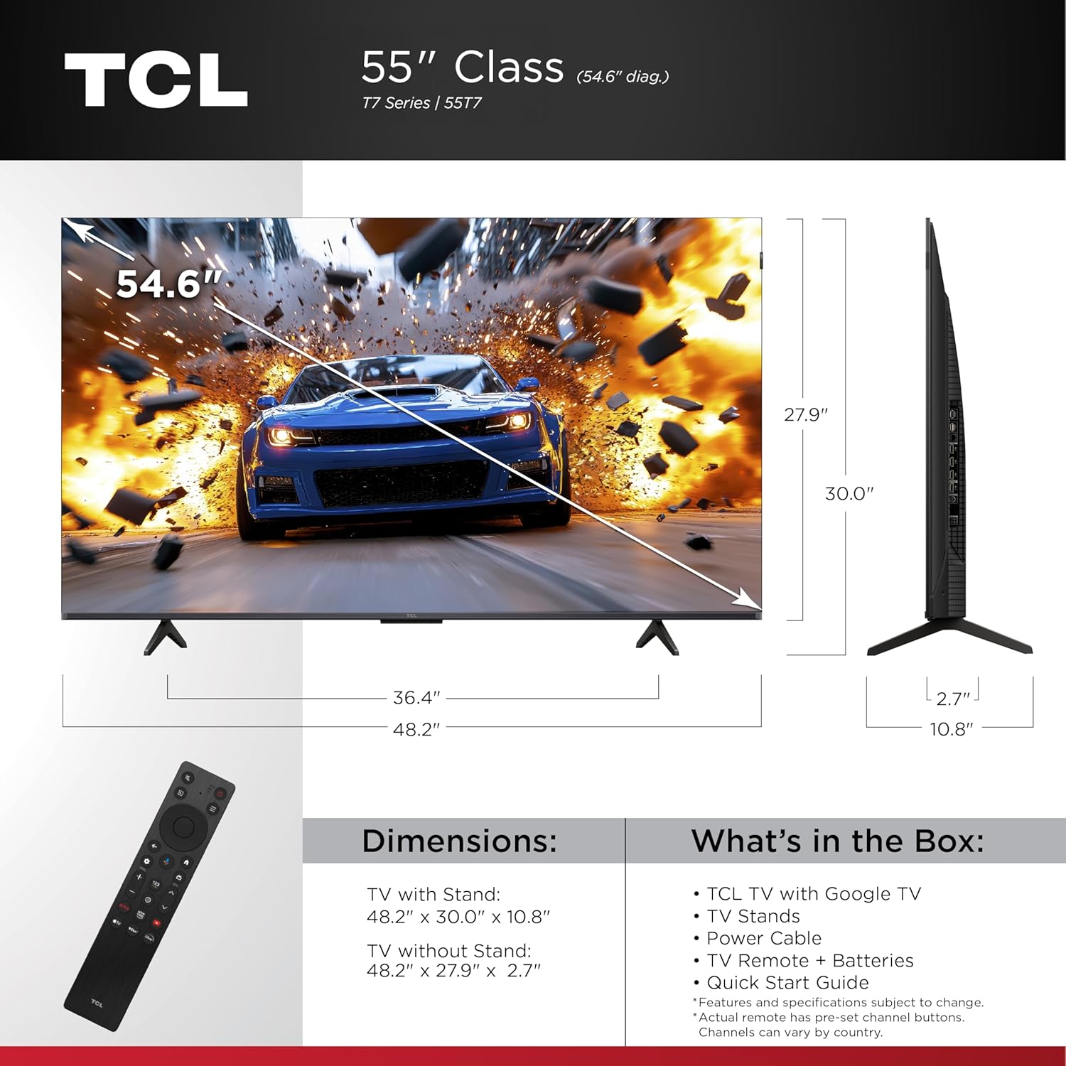 TCL 55 Inch Class T7 Series| 4K QLED HDR| 55T7, 2025 Model| 120HZ Refresh Rate High Brightness Smart Google TV Dolby Atmos Audio| Voice Remote Alexa Gaming Streaming Television