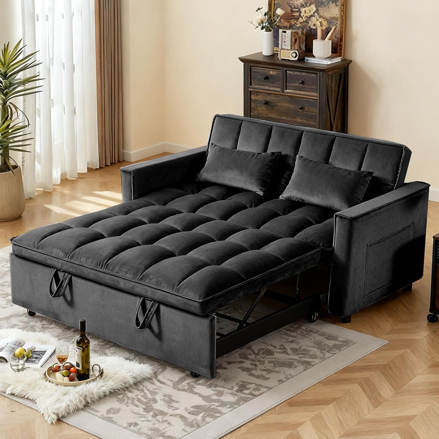 3 in 1 Convertible Sofa Bed, Loveseat Sleeper Sofa Bed with Side Pockets, Velvet Fabric Pull Out Couch with Adjustable Backrest for Living Room, Bedroom, Apartment, Black