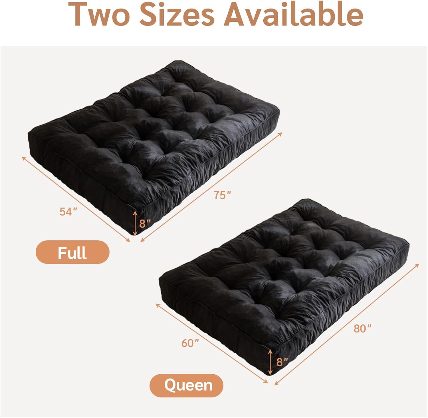 YOSHOOT 8 Inches Futon Mattress Full Size, Thick Futon Sofa Couch Bed, Floor Mattress for Adults, Shredded Foam Filling, Medium Firm (Frame Not Included), Black, 54