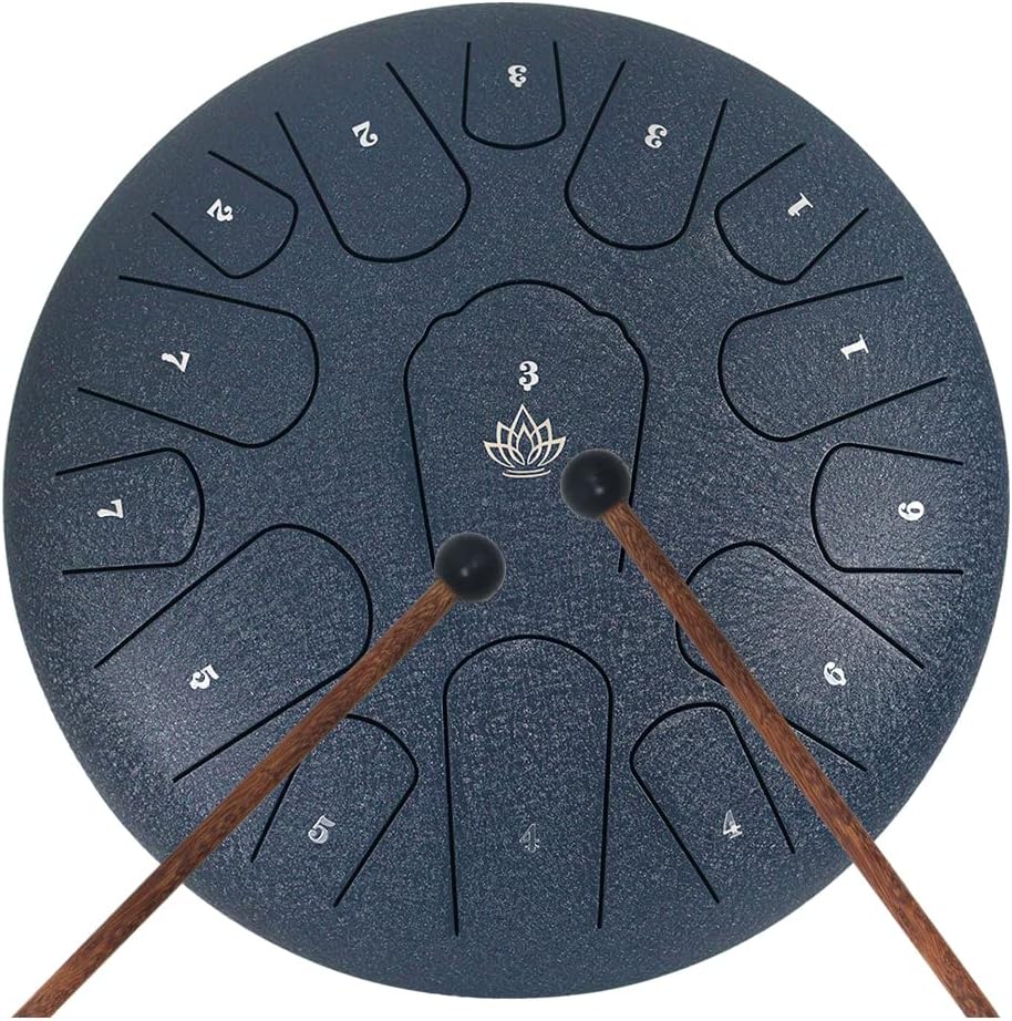 Rain Drum for Outside Garden, Steel Tongue Drum 12 Inches 15 Notes Musical Instruments, Handpan Drum Percussion Instrument, with Soft Bag, Music Book, 2 Mallets, for Meditation or Yoga (Navy Blue)
