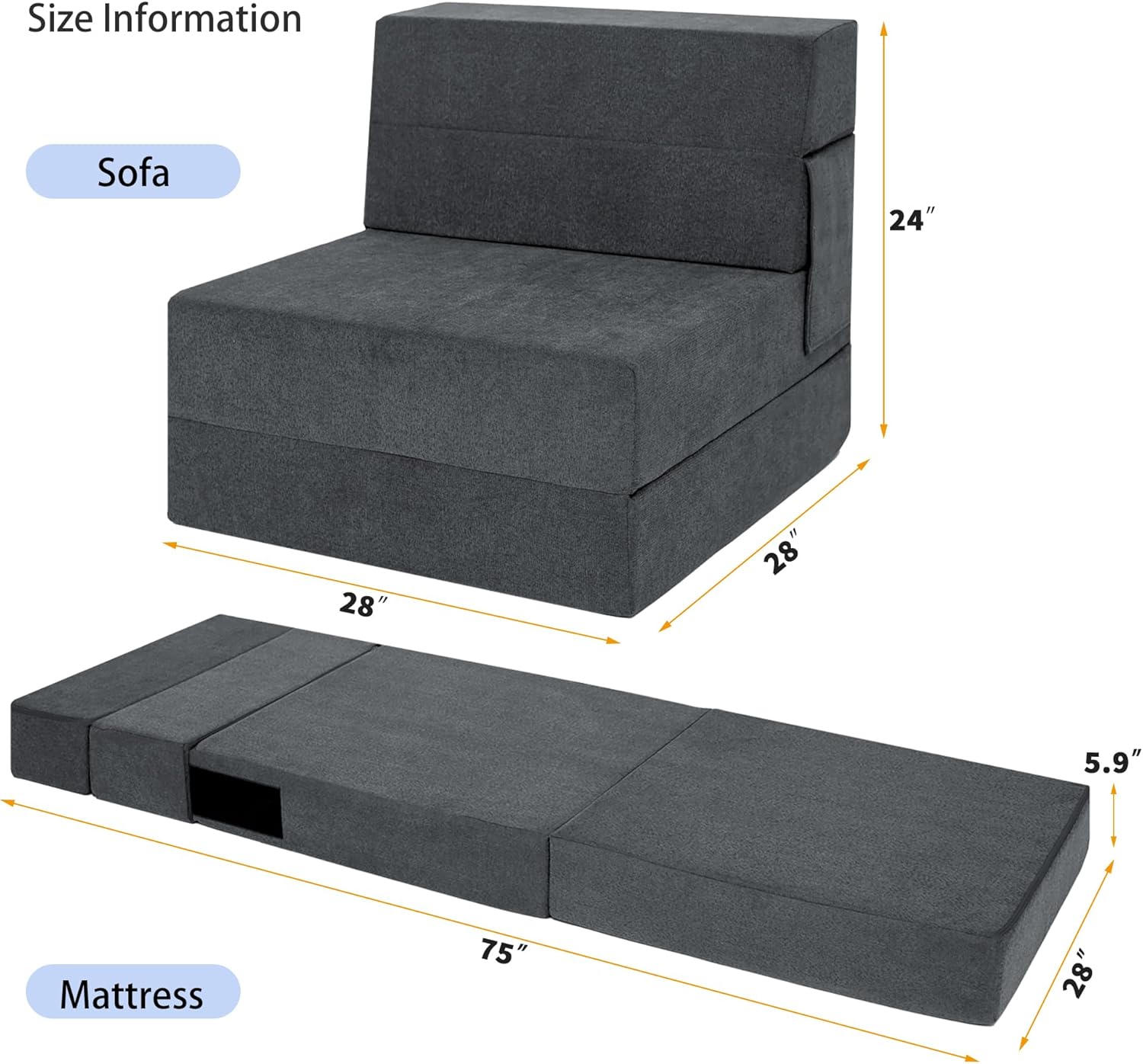 Folding Sofa Bed, Convertible Sleeper Chair with Pillow, Fold Out Chair Bed, Memory Foam Floor Couch Mattress, Foldable Futon Couch Lounge for Living Room Bedroom Guest Room (Grey, Single)