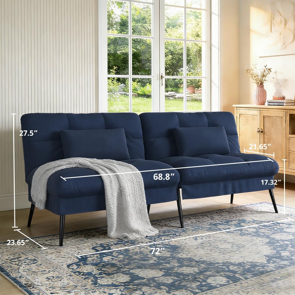COMHOMA 72″Futon Sofa Bed, Modern Convertible Sleeper Sofa, Fabric Futon Couch with Multi-Position Backrest for Living Room Furniture (Blue)