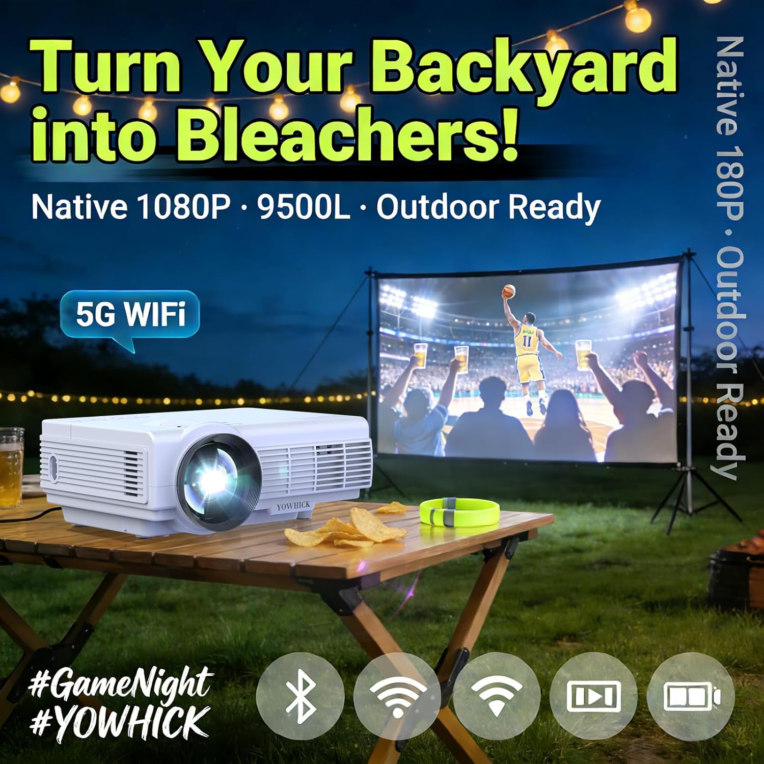 Projector with WiFi and Bluetooth, Portable Mini Projector by YOWHICK with 5G WiFi, Native 1080P 9500L and 4K Support for HDMI, VGA, USB, Laptop, Indoor & Outdoor Use