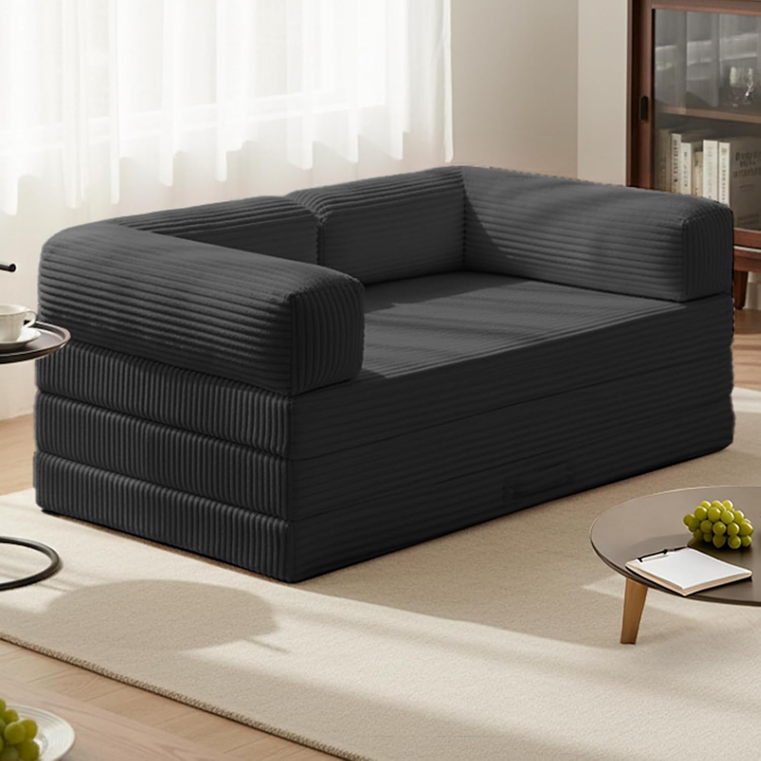 Tri-Fold Foldable Mattress, Convertible Folding Sofa Bed with Removable Arms & Washable Cover, All-in-One Portable Mattress Floor Sofa Bed, No Assembly Required & Non-Slip, Queen Size, Black