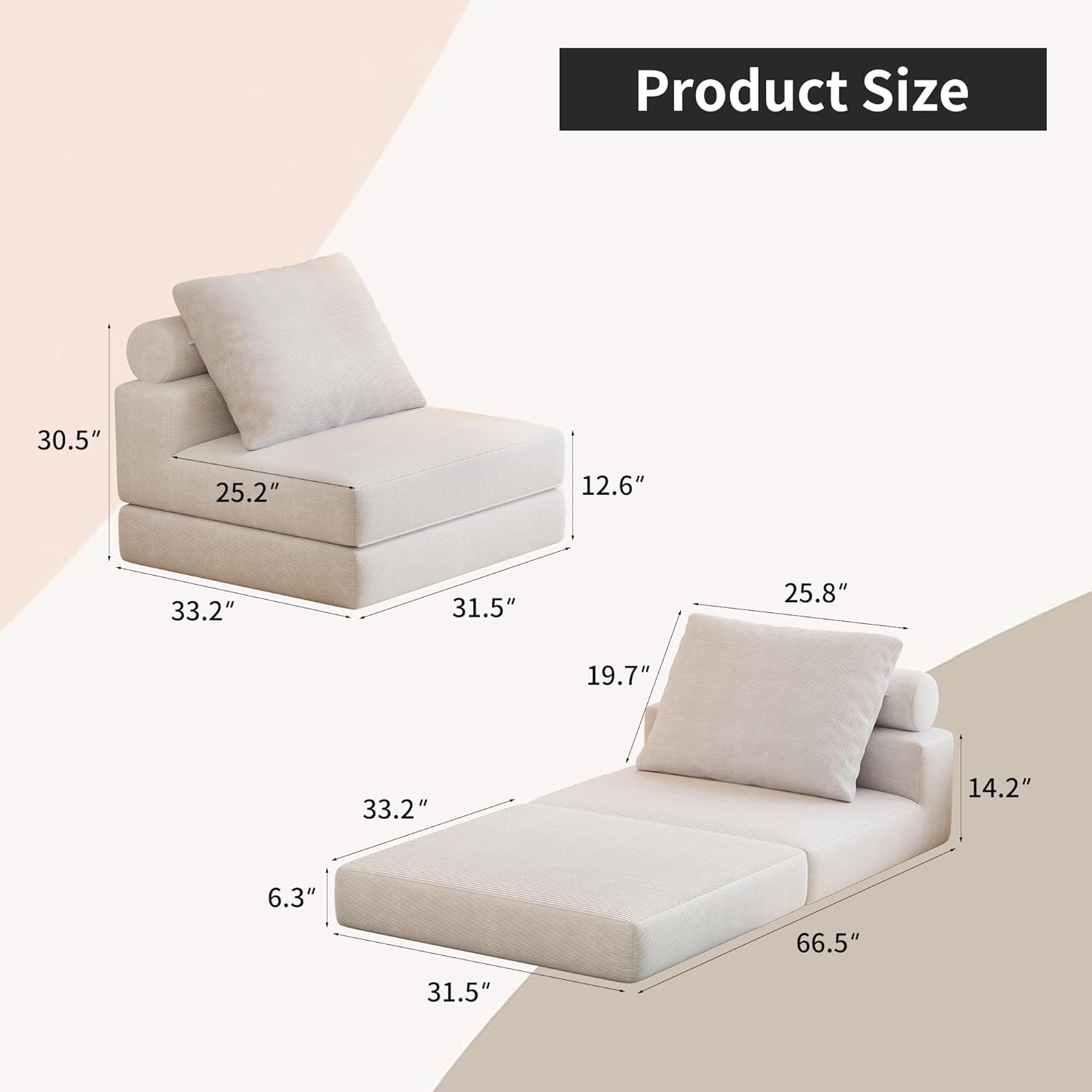 Folding Sofa Bed, 3-in-1 Convertible Sleeper Chair Bed with Pillows, Foldable Floor Couch with High-Density Foam, Futon Small Boneless Couch for Living Room Bedroom Lounge, Single, White