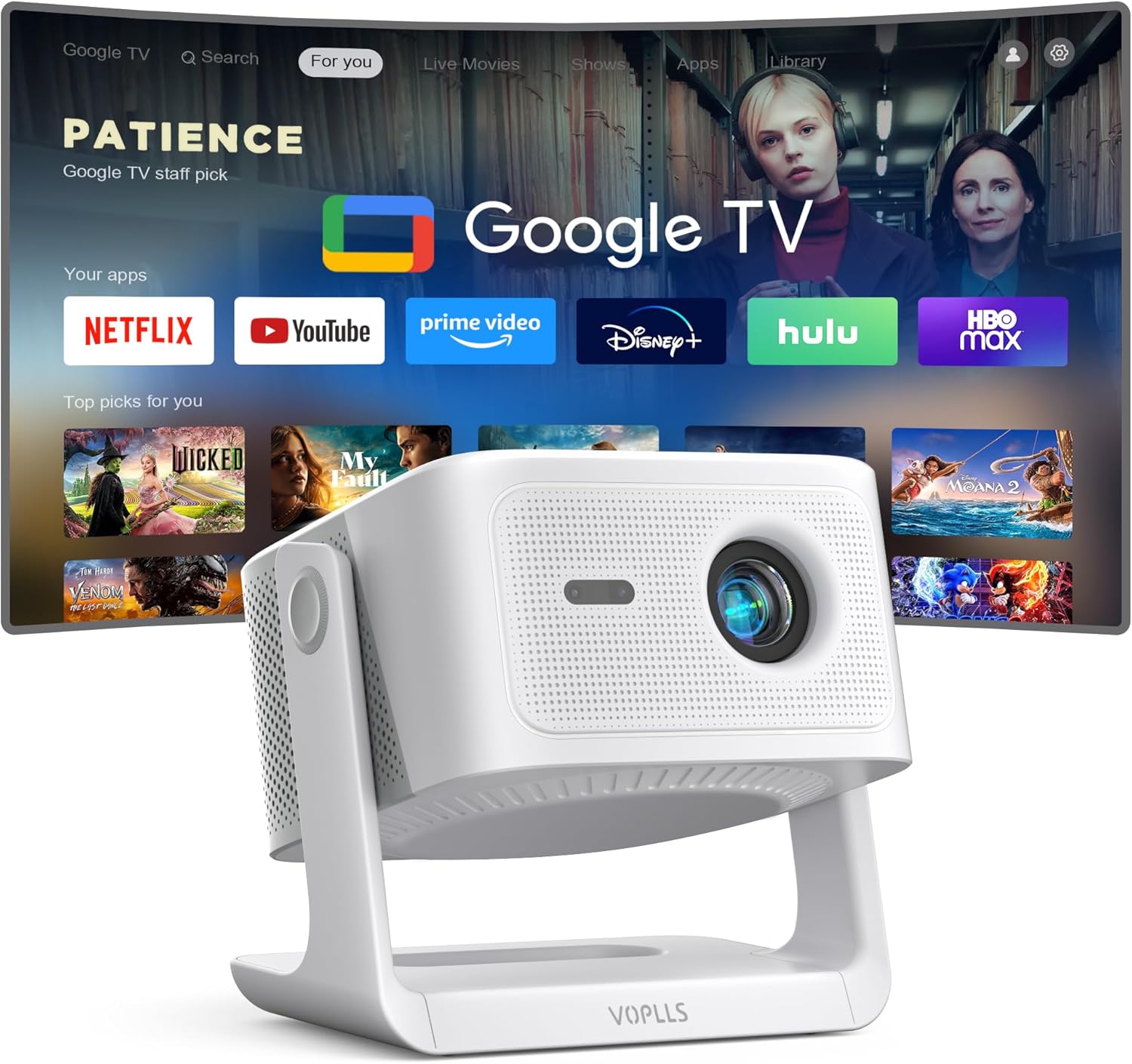 【Official Licensed Google TV】4K Smart Projector with WiFi and Bluetooth, VOPLLS Outdoor Projectors with Dolby/Auto Focus, Portable Movie Phone Wireless Gaming Wifi Projector for Bedroom/Home/Ceiling