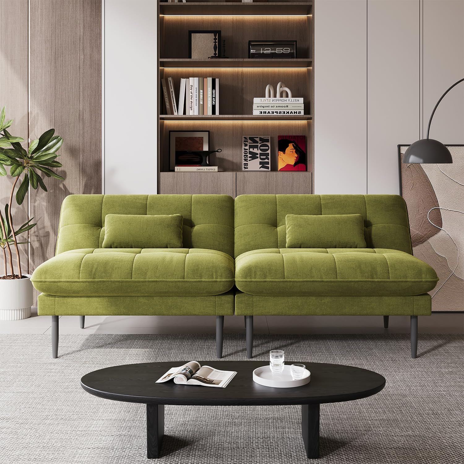 NEDYO 70 inch Convertible Futon Sofa Bed, Velvet Sleeper Sofa with Adjustable Backrest, Thick Fill and Convertible Modules, 4 in 1 Loveseat Couch for Living Room, Olive Green