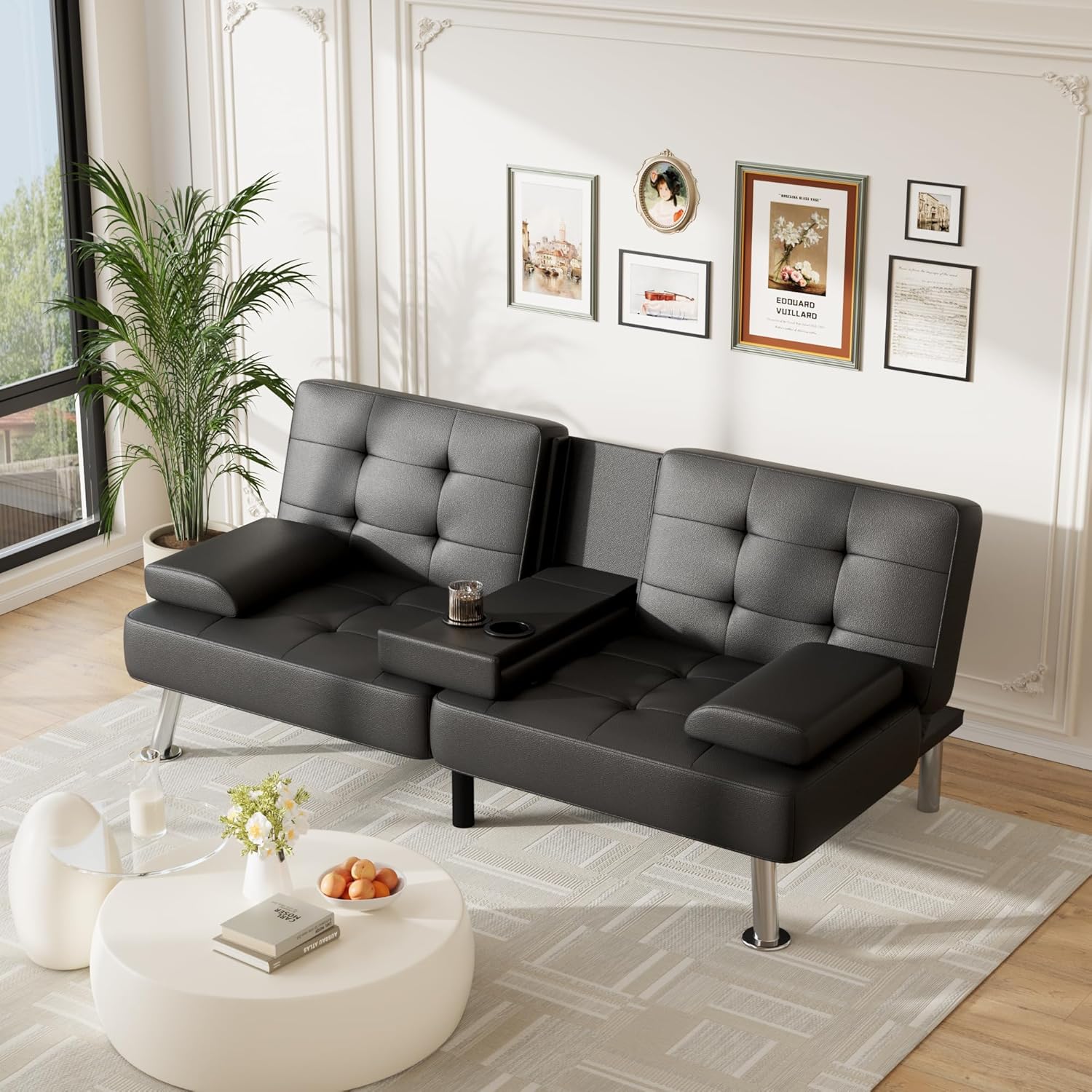 Furmax Futon Sofa Bed Adjustable Futon Couch Sleeper Sofa Bed for Living Room, Business Office, Recliner Sofas with Cup Holders (PU Leather, Black)