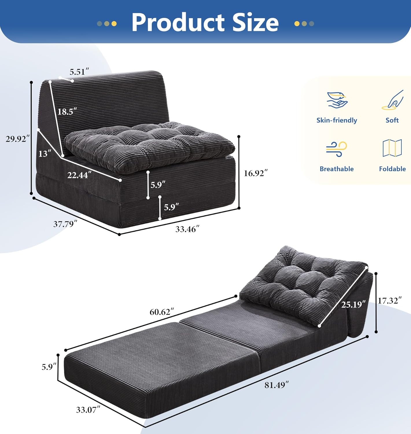 Hobestluk Sofa Couch Folding Sofa Bed Comfy Floor Lounger Convertible Sofa with Removable Cushion Couches for Small Spaces Foldable Mattress for Living Room Bedroom or Office (Cordury Grey, Large)