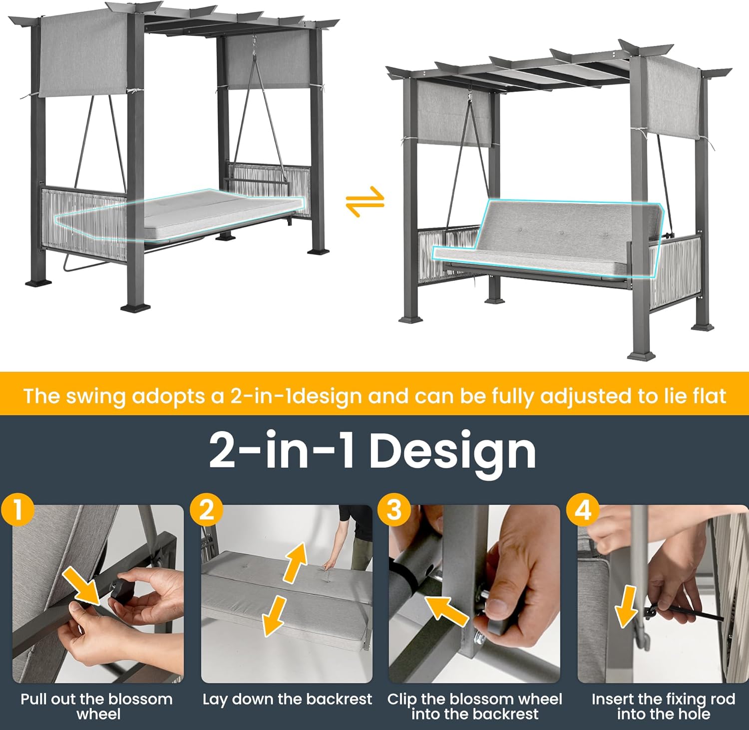 Pamapic 3-Seat Porch Swing with Stand, 990 LBS 2 in 1 Convertible Bed Patio Swing with Adjustable Canopy, Wicker Side Panel Swing Chair Outdoor with Cushion for Backyard, Porch, Garden (Gray)
