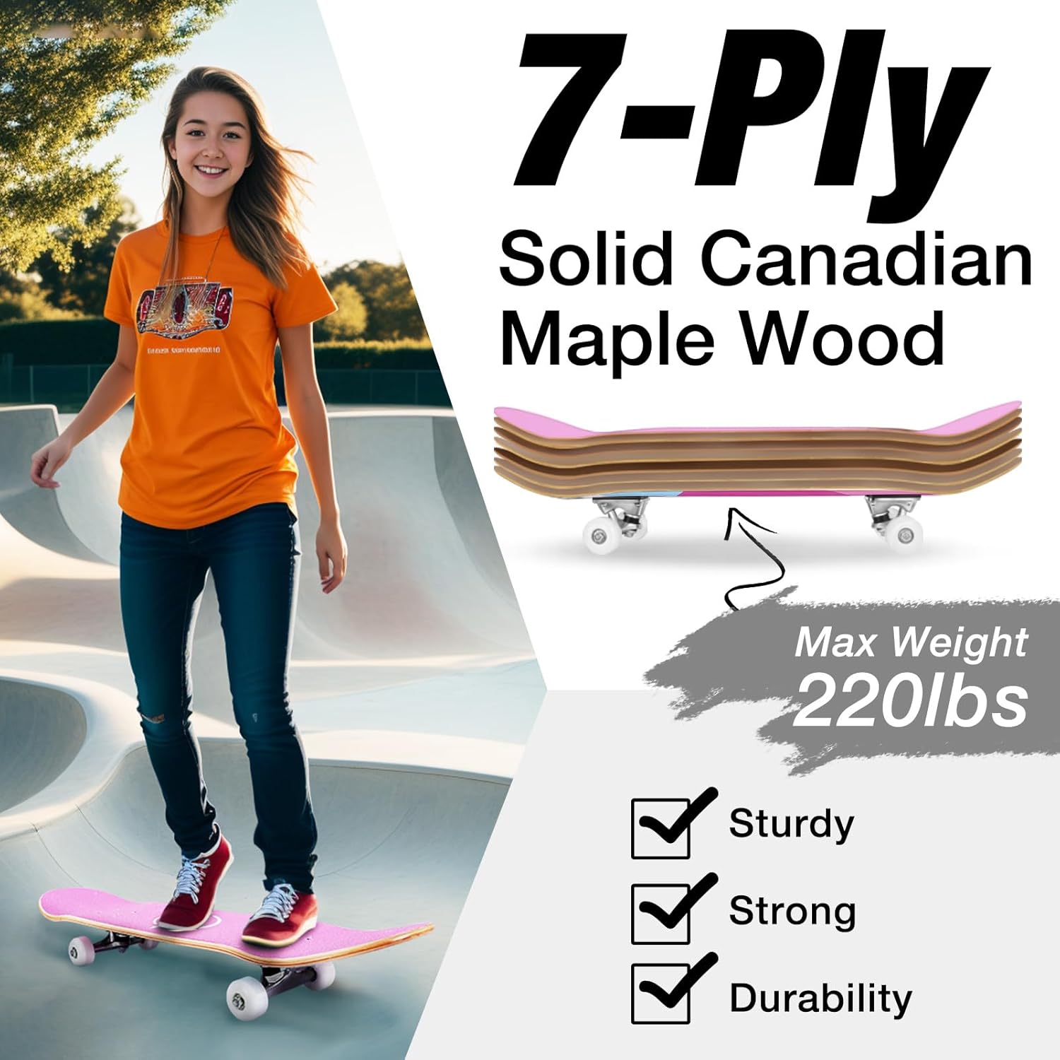 BELEEV Skateboards for Beginners, 31 x 8 inch Complete Skateboard for Kids, Teens, Adults, 7 Layer Canadian Maple Double Kick Deck Concave Cruiser Trick Skateboard with Multifunction Skate T-Tool