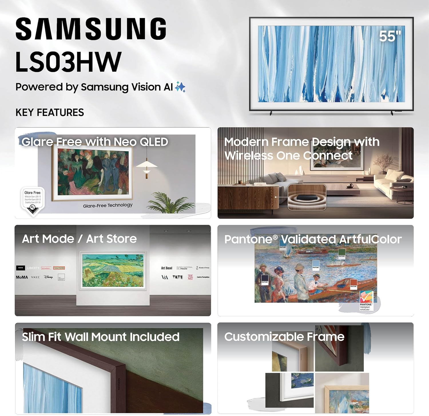 Samsung 55” Class The Frame Pro Series, Neo QLED 4K, Samsung Vision AI Smart TV, Smart Tizen TV, 2026 (QN55LS03HWFXZA)