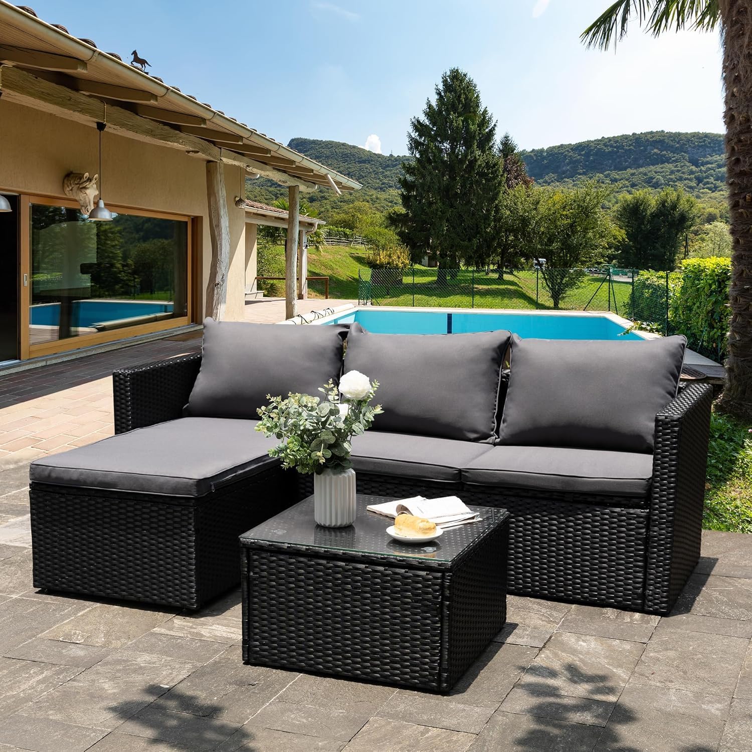 Shintenchi 4 Pieces Patio Furniture Sets, Outdoor Sofa Patio Sectional Sets All Weather, Wicker Rattan Seating Sofa Couch with Cushions & Coffee Table for Yard, Garden, Porch, Poolside (Gray)
