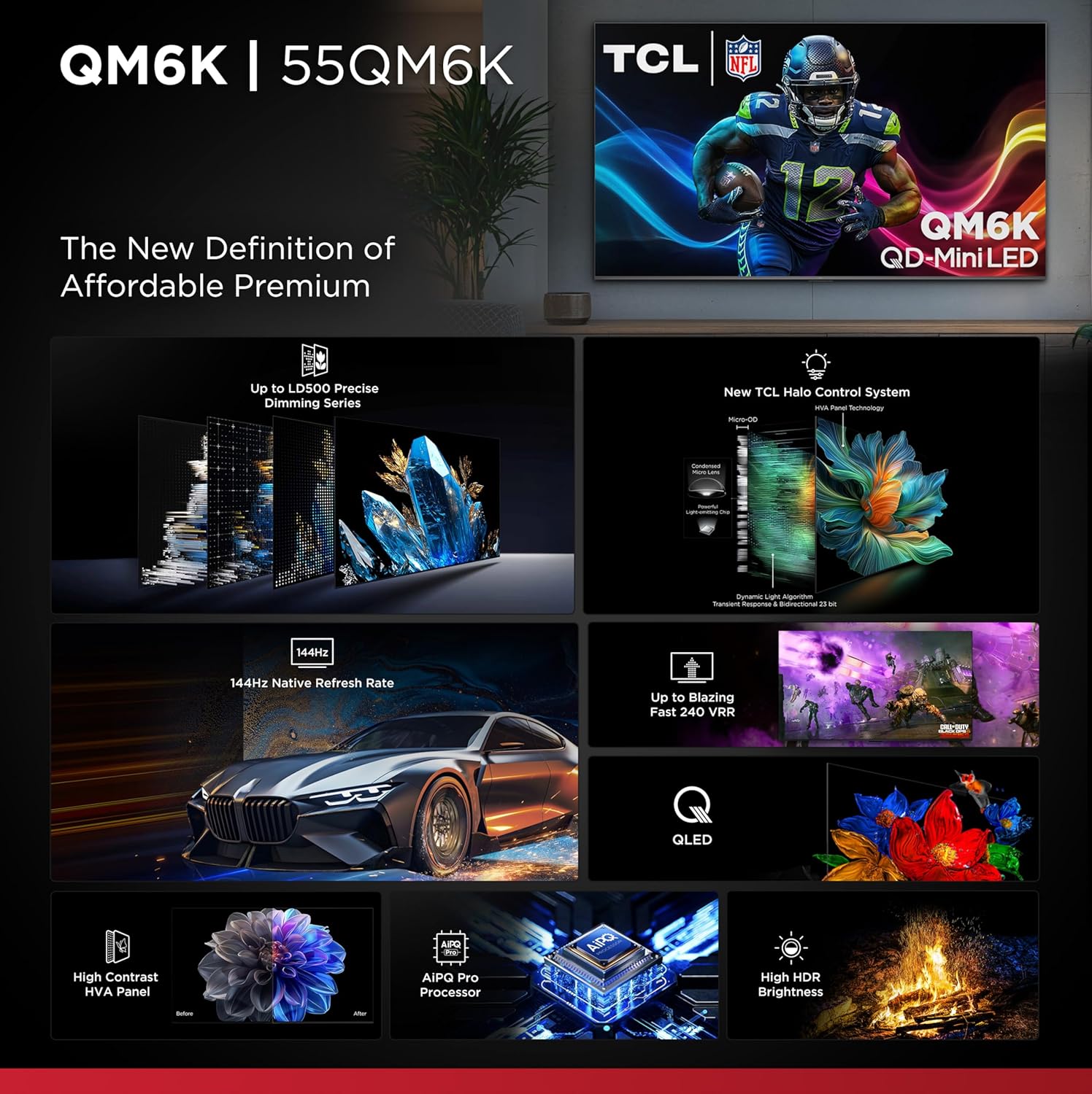 TCL 55 Inch Class QM6K Series| Mini LED QLED 4K HDR| 55QM6K, 2025 Model| 120HZ-144HZ High Brightness Smart Google TV Dolby Atmos Onkyo Audio| Voice Remote Alexa Gaming Streaming Television