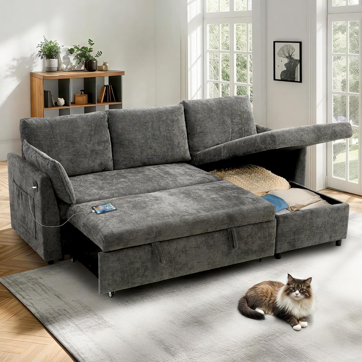 FLEXISPOT XCT4 Pull Out Couch, 3-in-1 Sleeper Sofa Bed with Adjustable Backrest, Loveseat Sleeper with Pillows & Side Pockets, Convertible Futon Couch for Small Spaces Guest Room Apartment, Cream